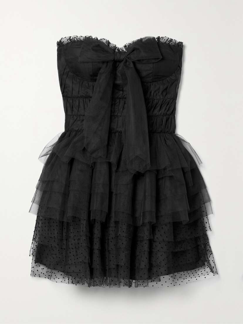 LoveShackFancy Faron Bow-detailed Tiered Flocked Tulle Mini Dress - US00
