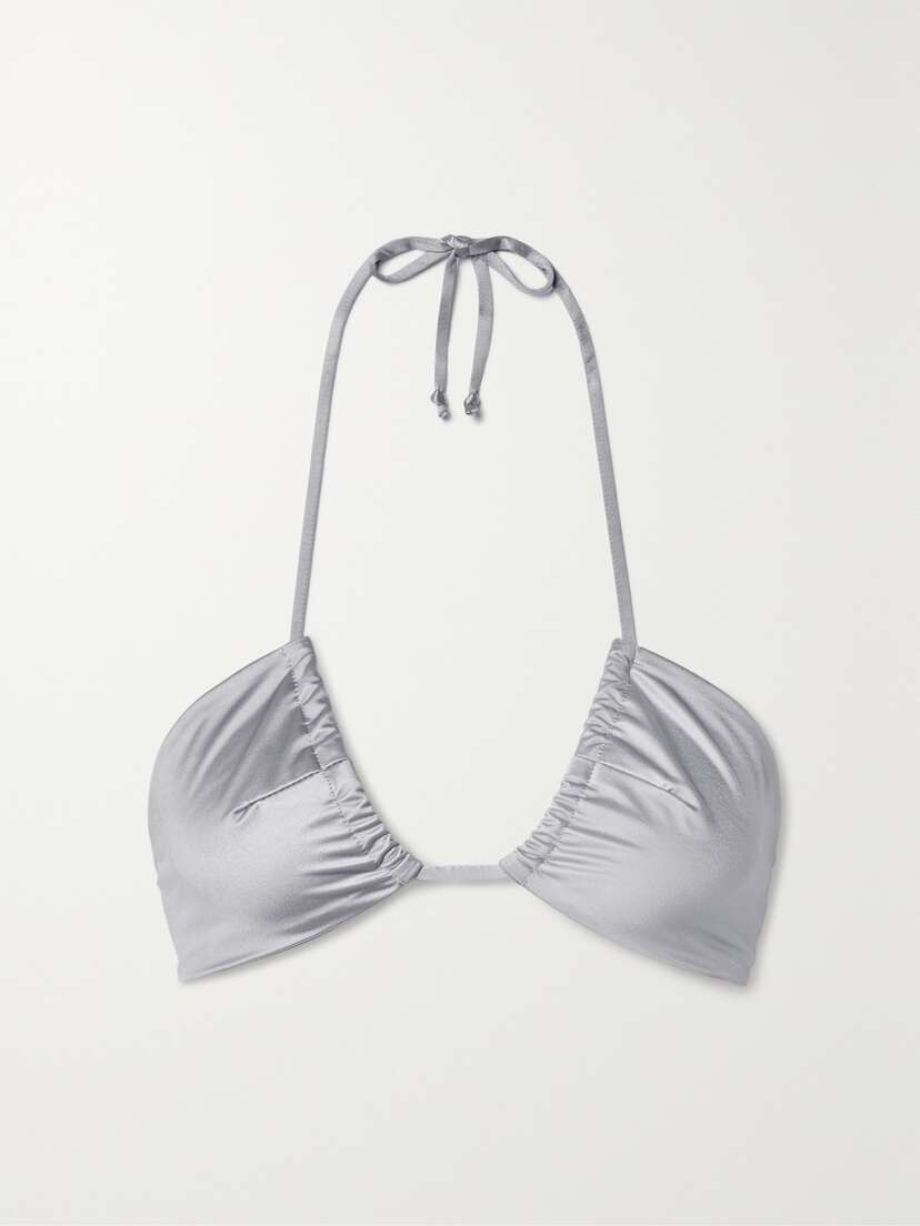 GOOD AMERICAN Gathered Stretch-satin Halterneck Bikini Top