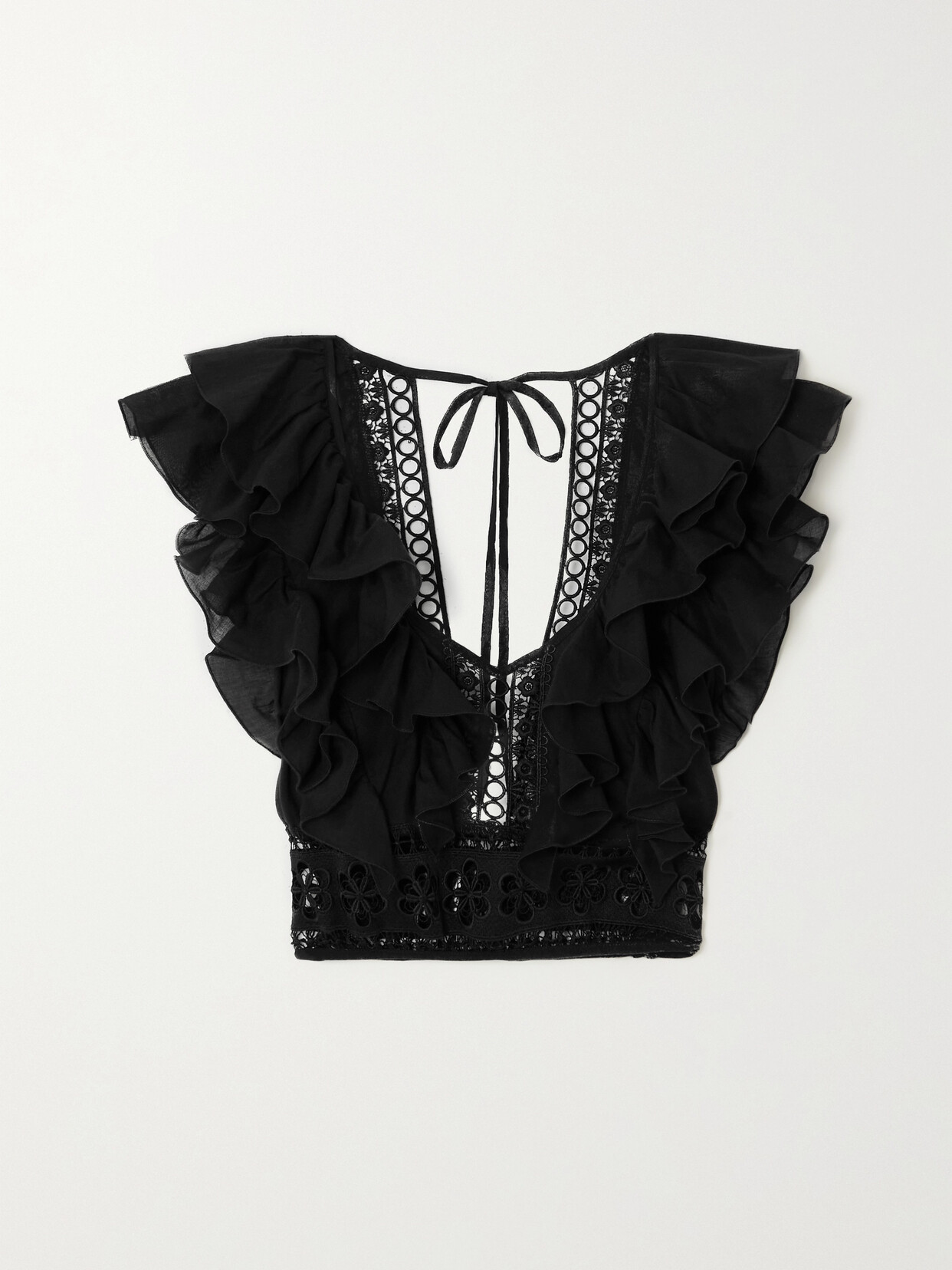 Charo Ruiz - Nico Cropped Ruffled Guipure Lace-trimmed Cotton-blend Poplin Top - Black