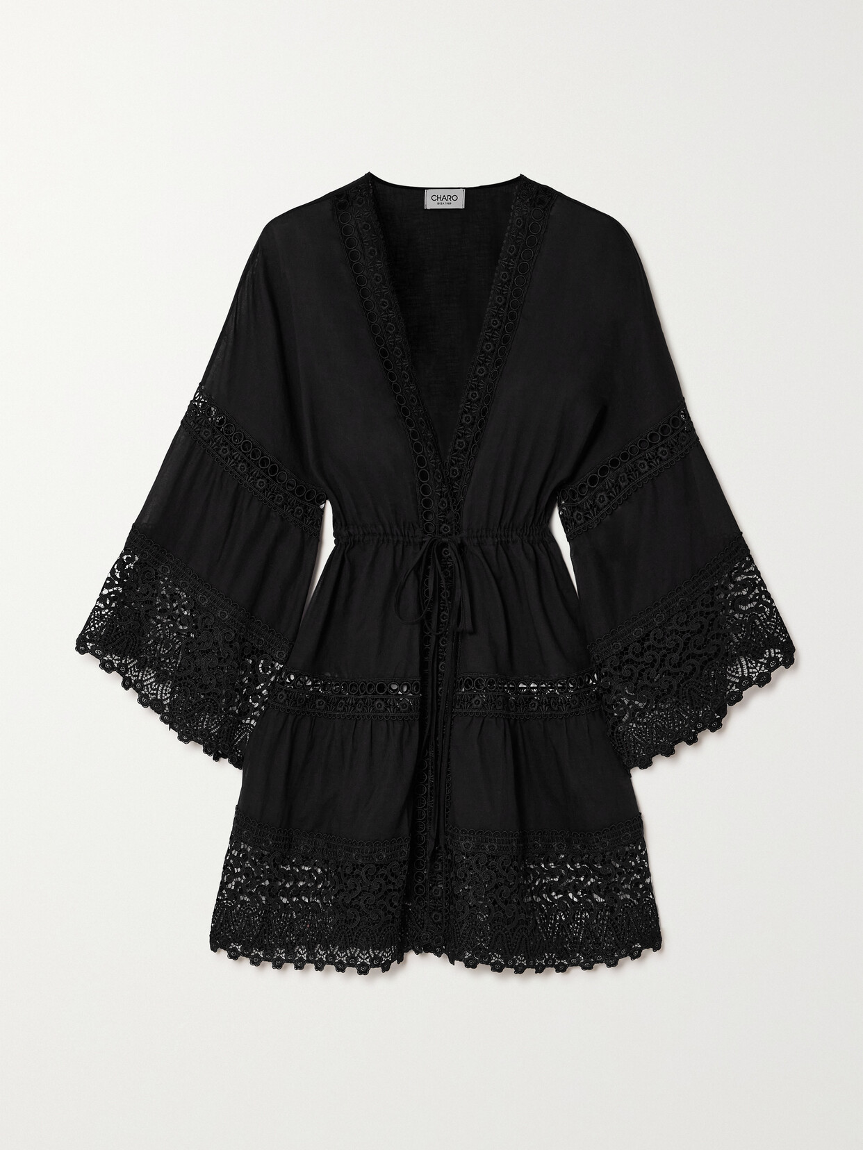 Charo Ruiz - Agostina Guipure Lace-trimmed Cotton-blend Voile Kaftan - Black