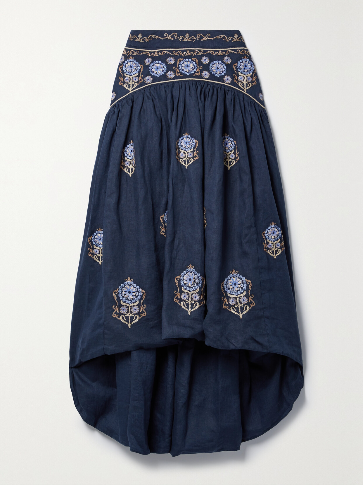 Agua by Agua Bendita - + Net Sustain Curuá Mosaico Asymmetric Appliquéd Embroidered Linen Midi Skirt - Blue