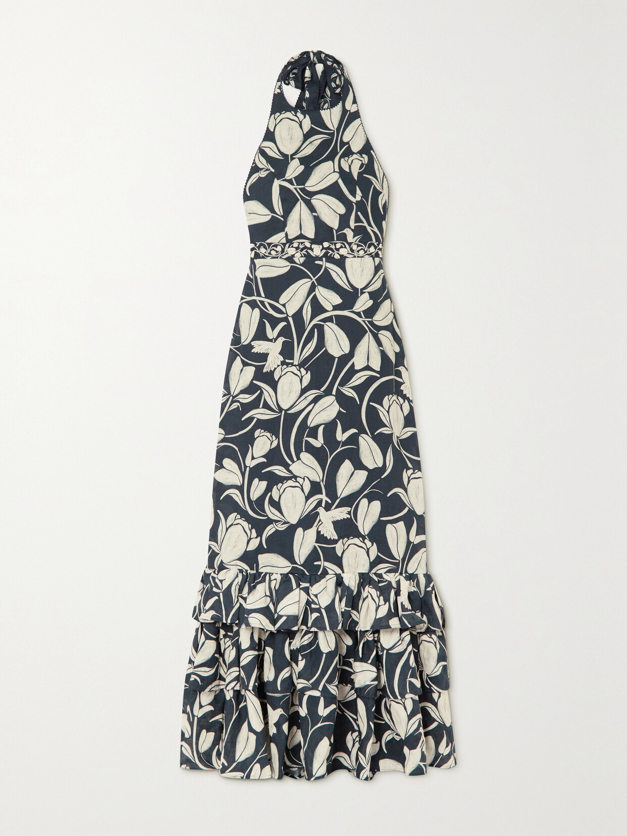 AGUA BY AGUA BENDITA + NET SUSTAIN MAGNOLIA FLORA EMBELLISHED FLORAL-PRINT LINEN HALTERNECK MAXI DRESS