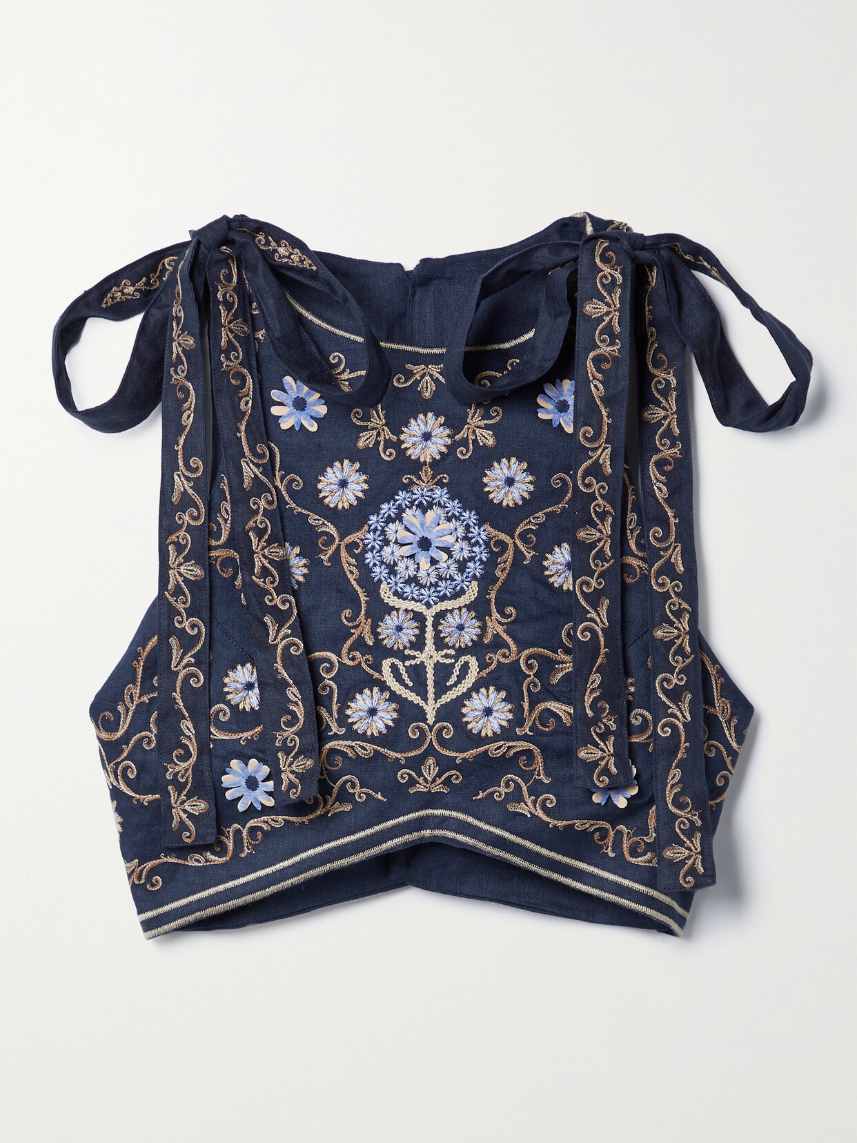 Agua by Agua Bendita - Olmeca Mosaico Cropped Tie-detailed Embroidered Linen Top - Blue