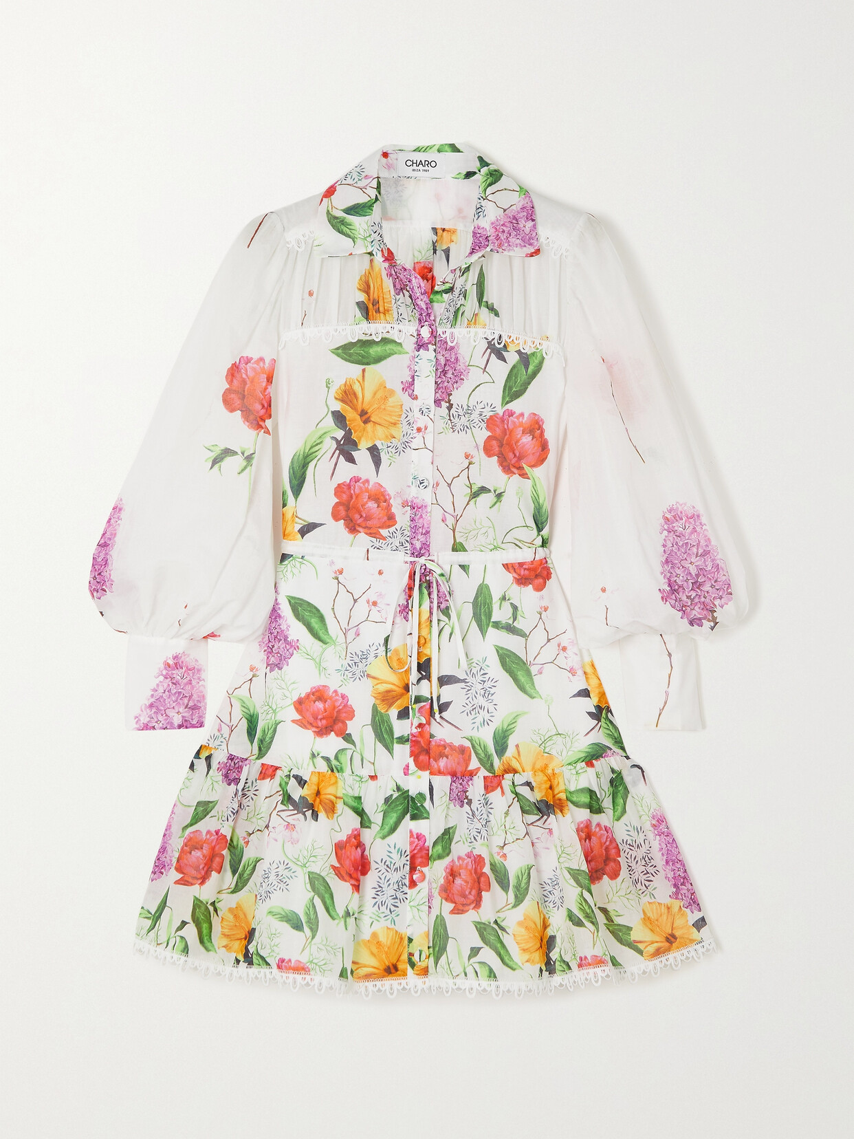 Charo Ruiz - Begonia Guipure Lace-trimmed Floral-print Cotton-blend Voile Mini Shirt Dress - White