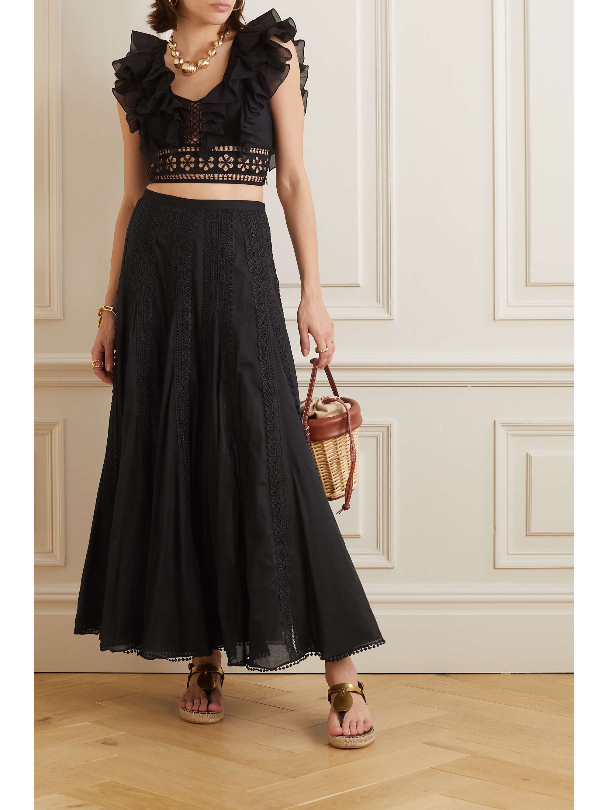 CHARO RUIZ Viola guipure lace-trimmed cotton-blend voile maxi skirt ...