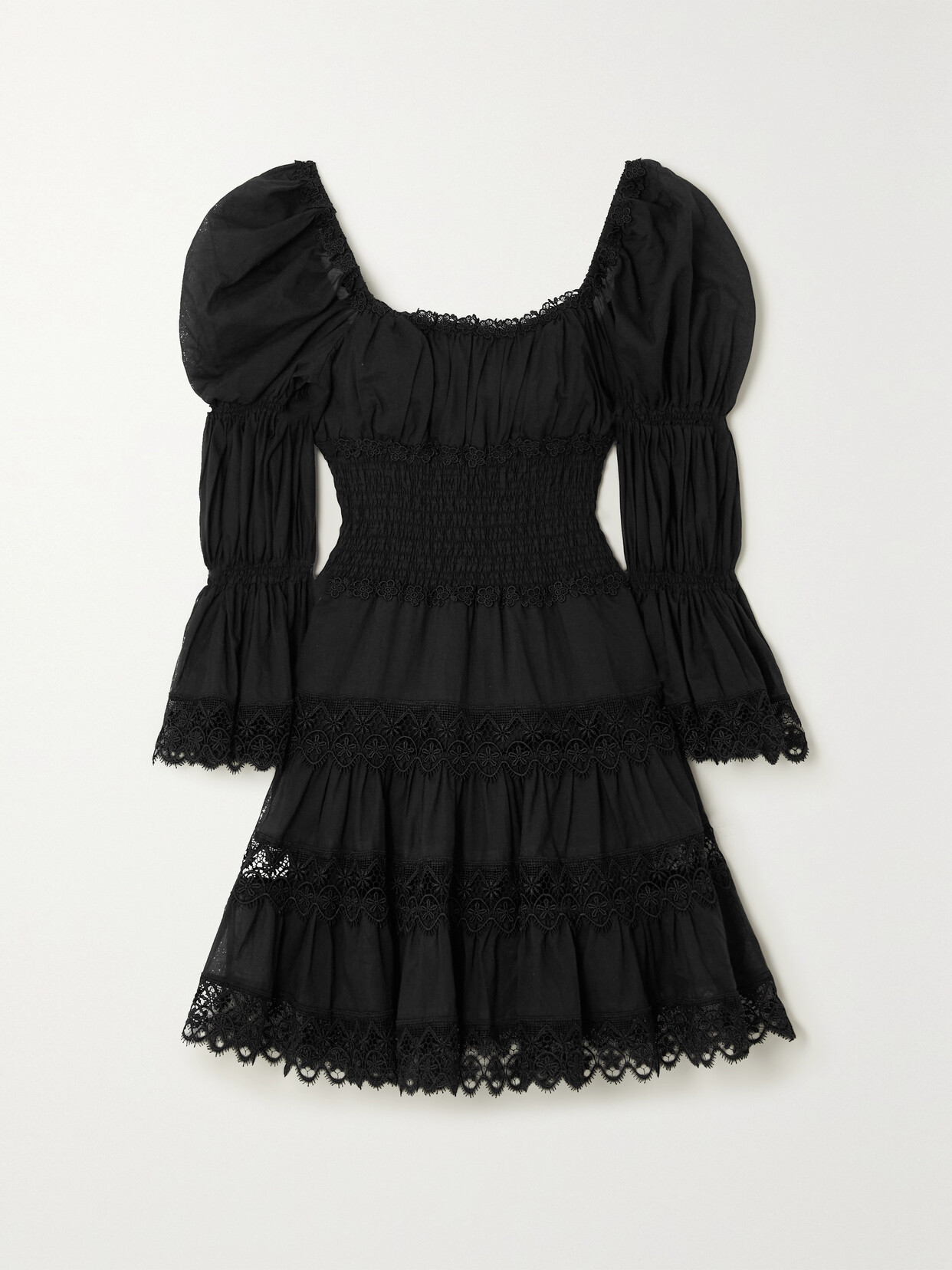 Charo Ruiz Nadia Shirred Guipure Lace-trimmed Cotton-blend Voile Mini Dress - Black