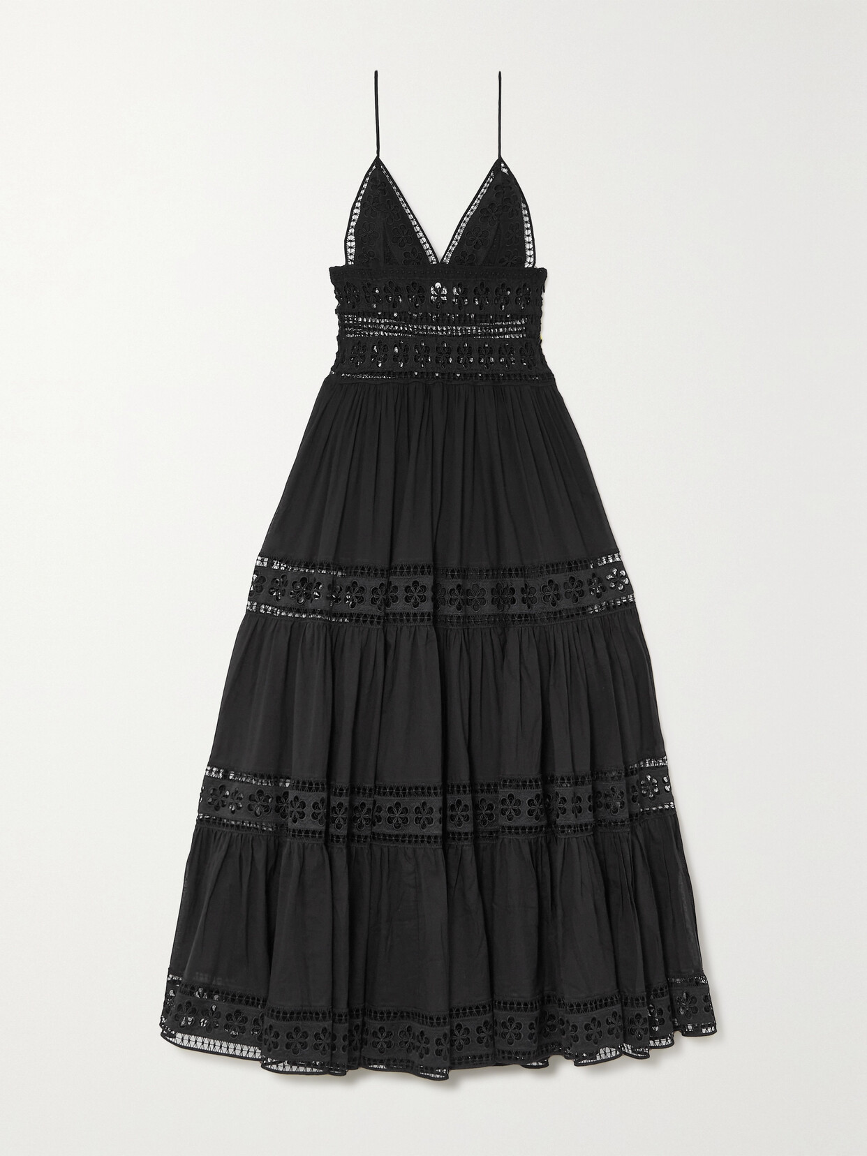 Charo Ruiz - Isca Guipure Lace-trimmed Tiered Cotton-blend Poplin Maxi Dress - Black