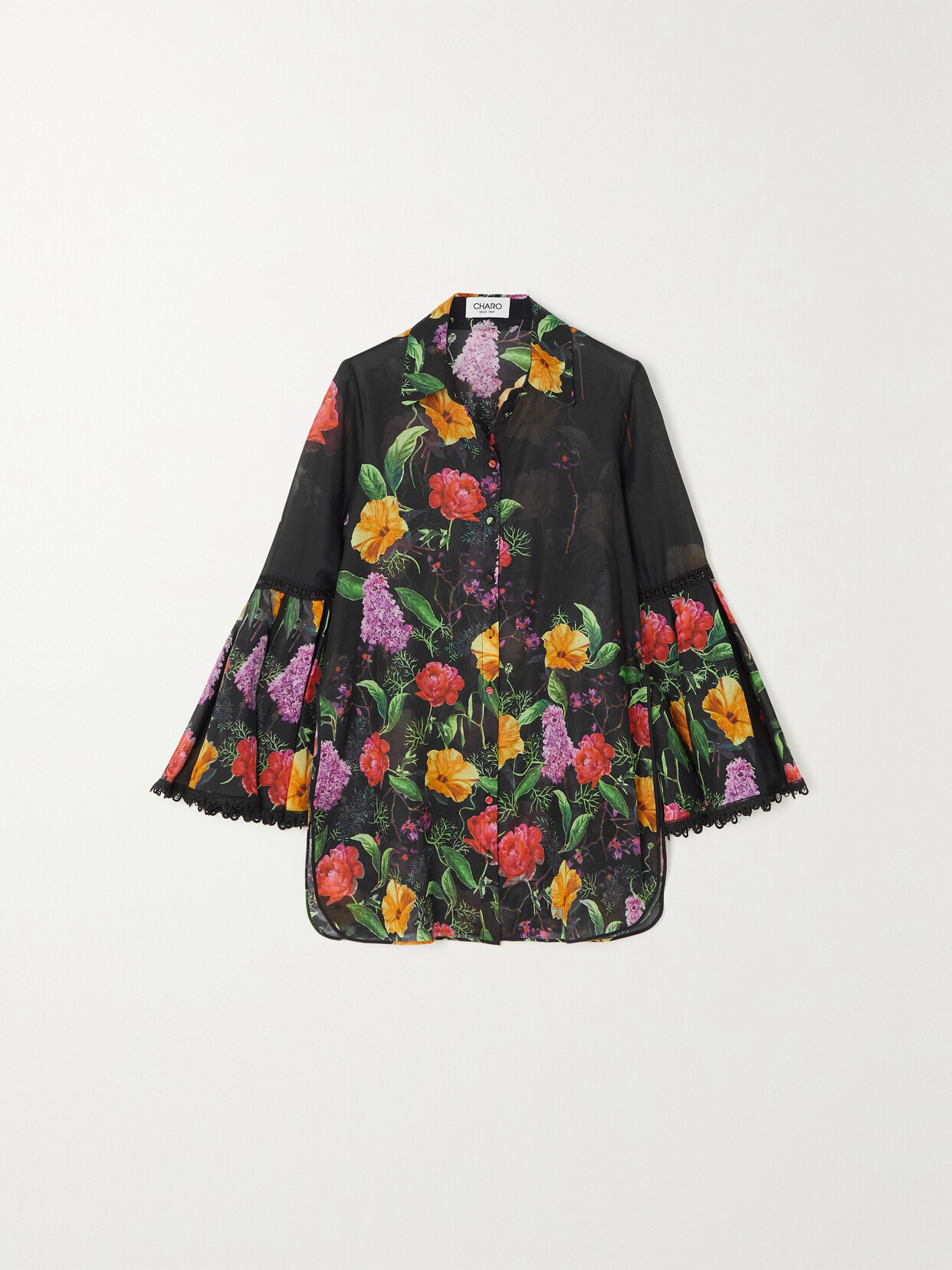 Charo Ruiz - Aster Guipure Lace-trimmed Floral-print Cotton-blend Voile Blouse - Black