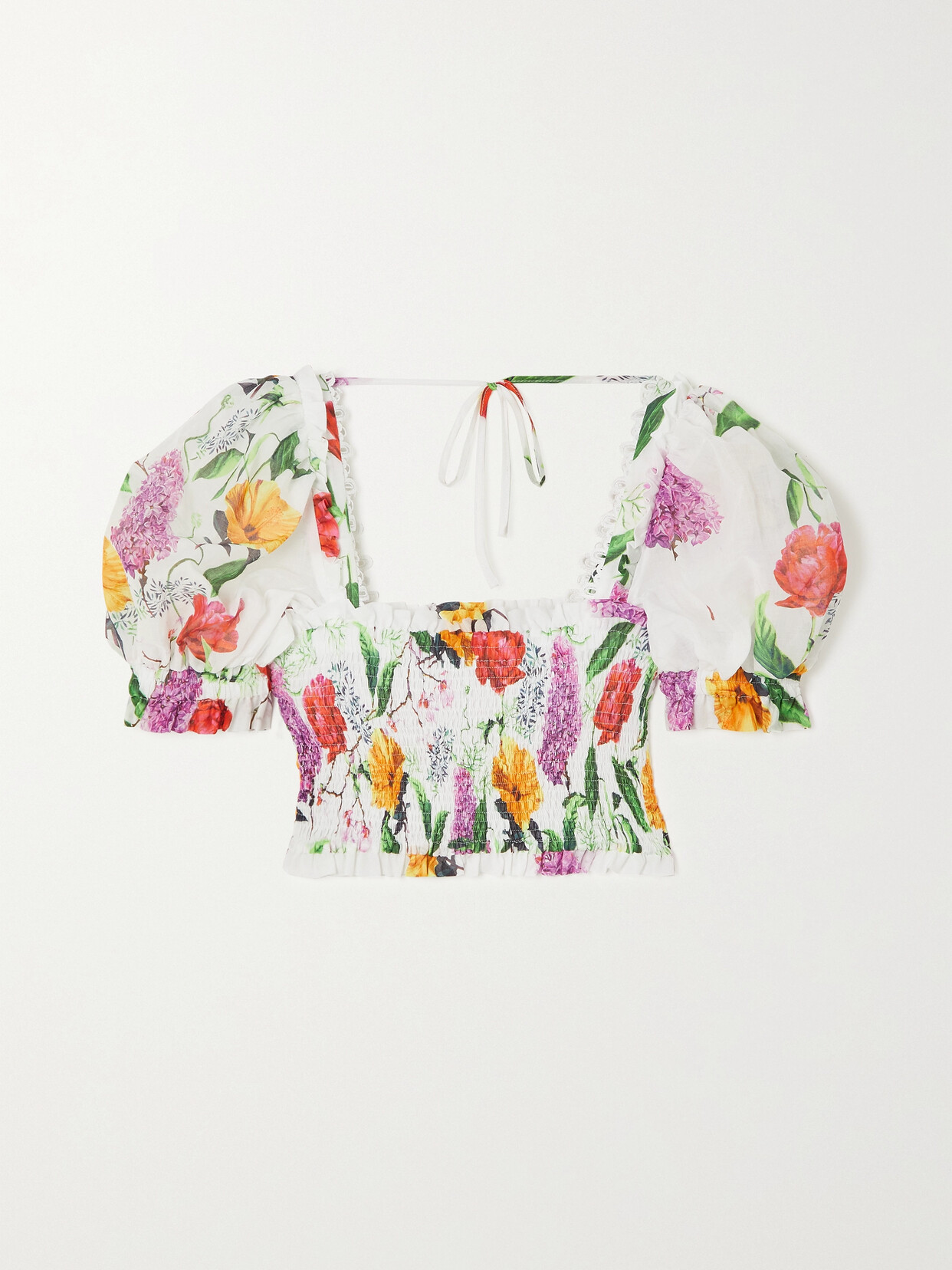 CHARO RUIZ LIRIO CROPPED SHIRRED FLORAL-PRINT COTTON-BLEND POPLIN TOP