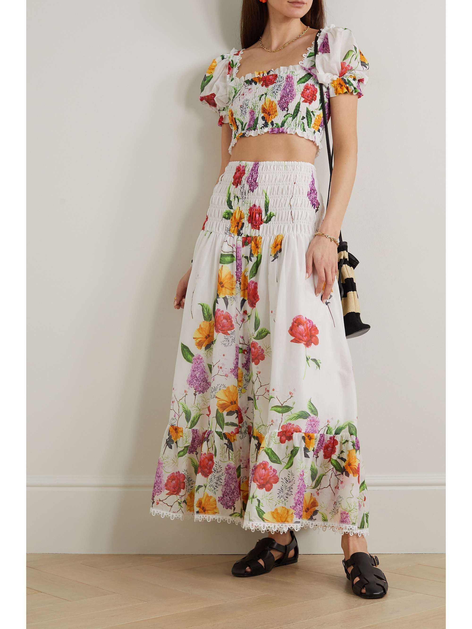 CHARO RUIZ Lirio cropped shirred floral-print cotton-blend poplin top