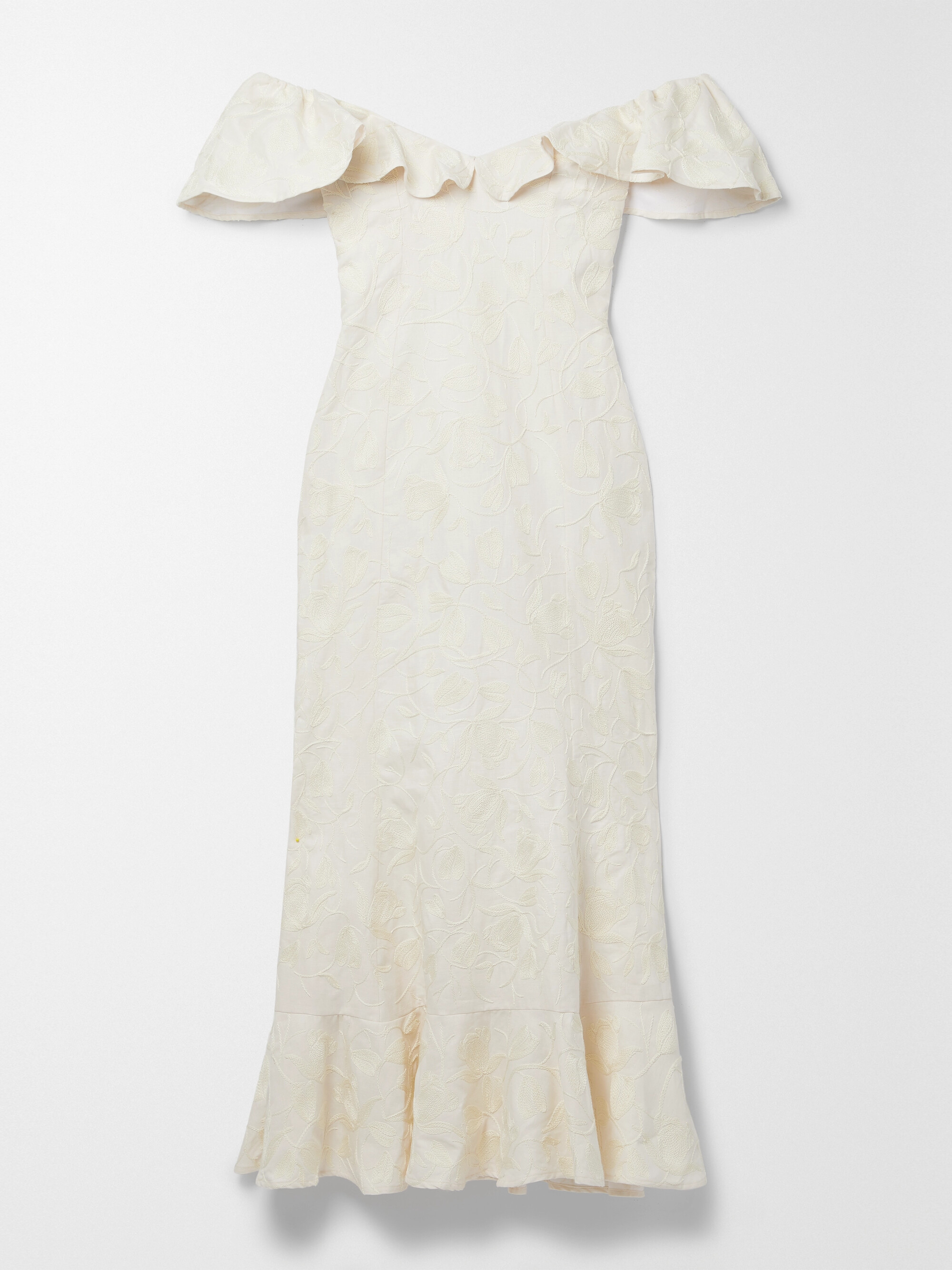 agua by agua bendita izote flora linen maxi dress Agua by Agua Bendita - + NET SUSTAIN Izote Flora off-the-shoulder ruffled  embroidered linen maxi dress