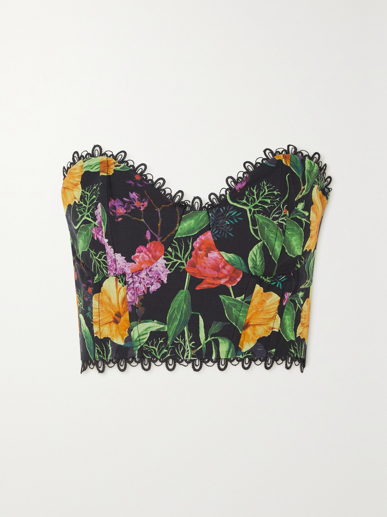 Charo Ruiz - Vio Cropped Floral-print Cotton-blend Bustier Top - Black