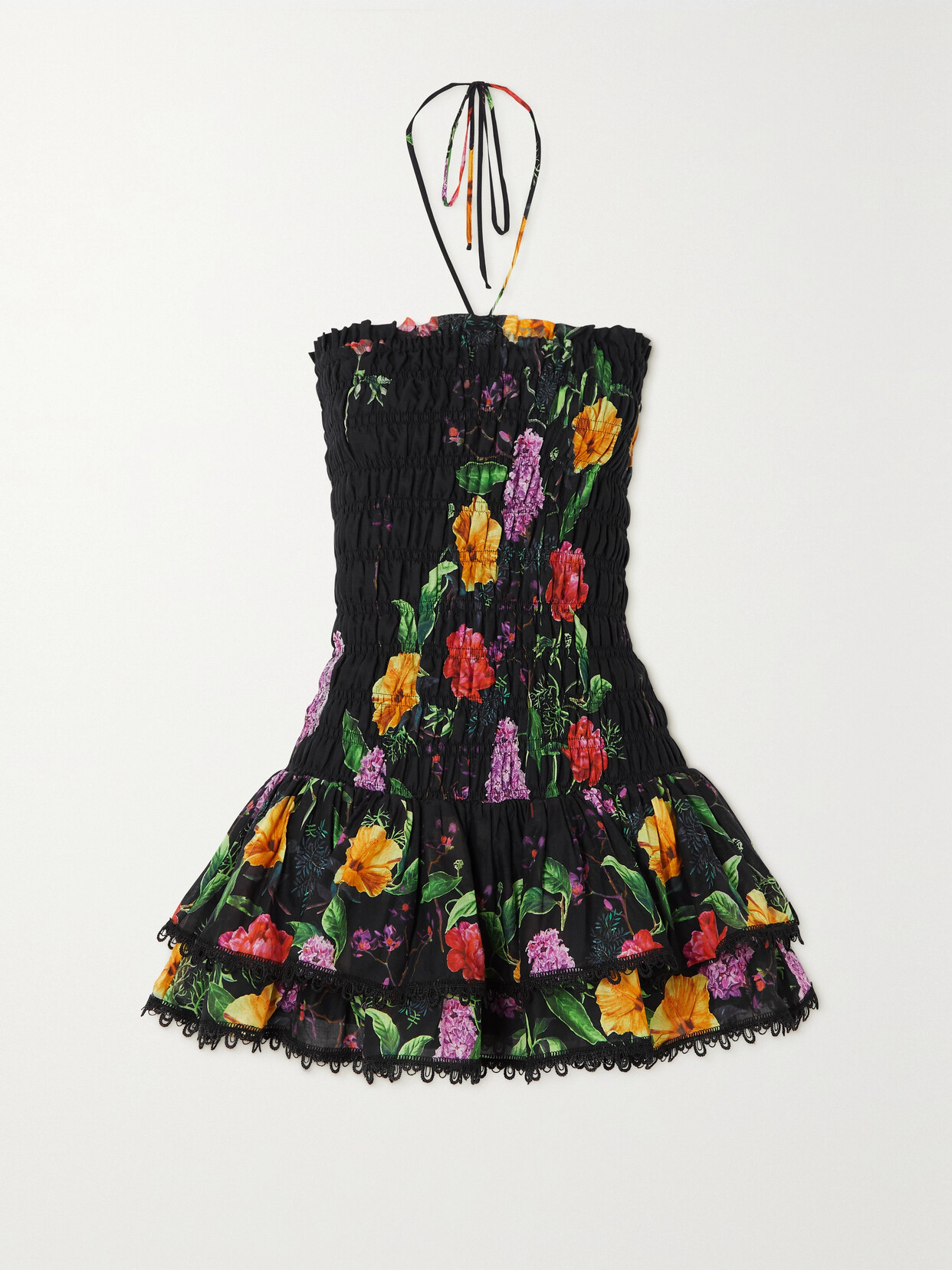 Charo Ruiz - Cusia Guipure Lace-trimmed Shirred Floral-print Cotton-blend Voile Mini Dress - Black