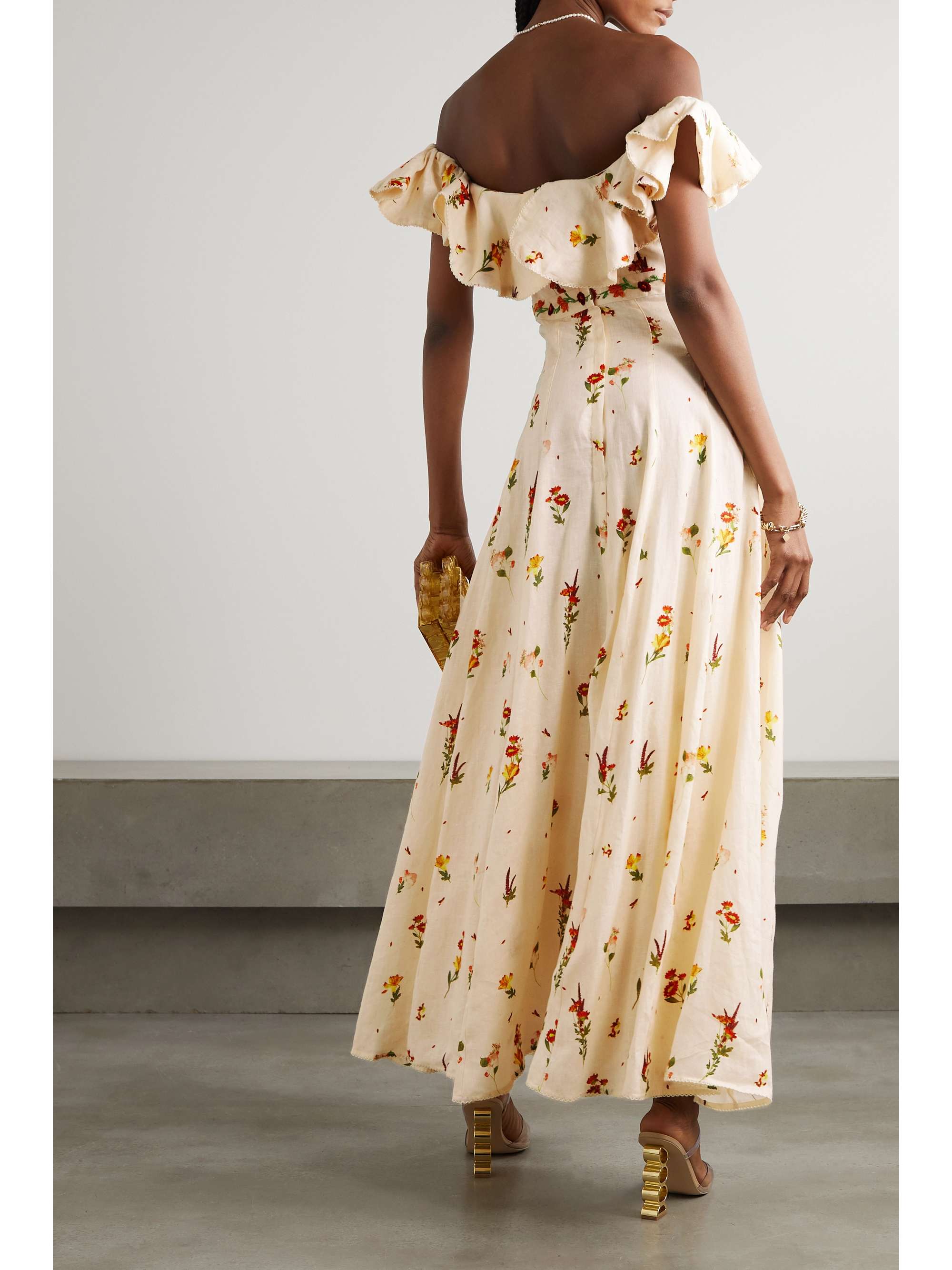 AGUA BY AGUA BENDITA Oro Clementina off-the-shoulder embroidered floral-print linen maxi dress