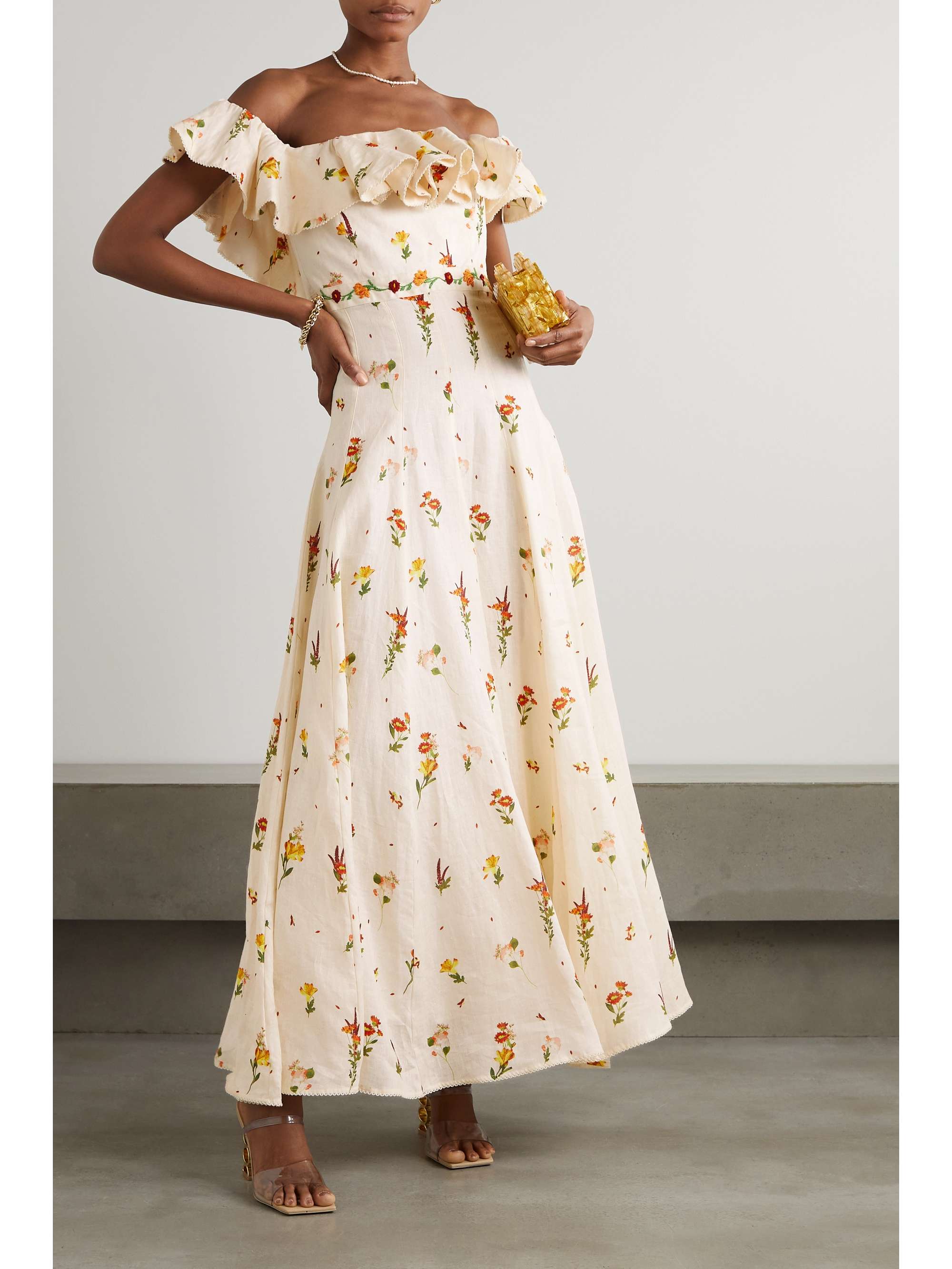AGUA BY AGUA BENDITA Oro Clementina off-the-shoulder embroidered floral-print linen maxi dress