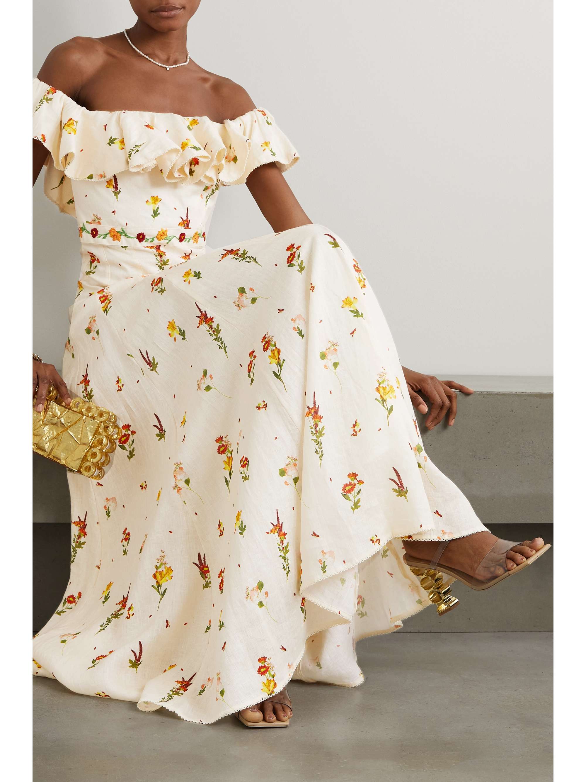 AGUA BY AGUA BENDITA Oro Clementina off-the-shoulder embroidered floral-print linen maxi dress