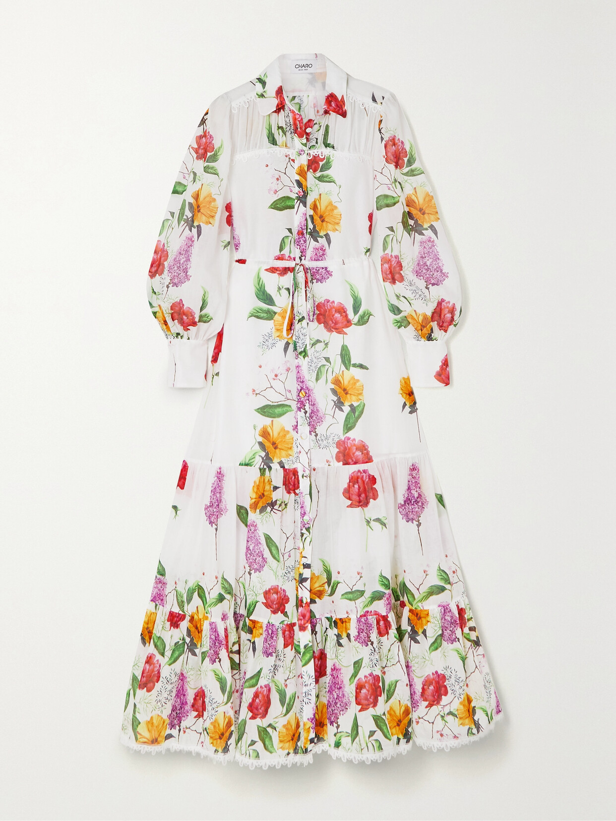 Charo Ruiz - Begonia Lace-trimmed Tiered Floral-print Cotton-blend Voile Shirt Dress - White