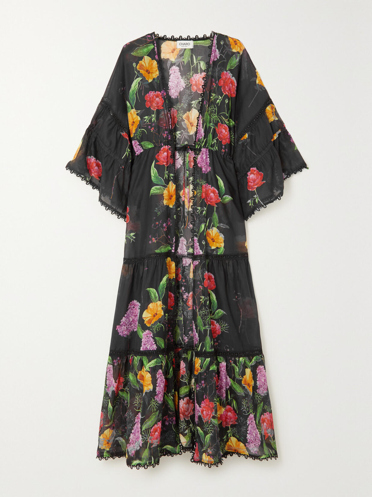 Charo Ruiz Gerba Guipure Lace-trimmed Floral-print Cotton-blend Voile Kaftan - Black