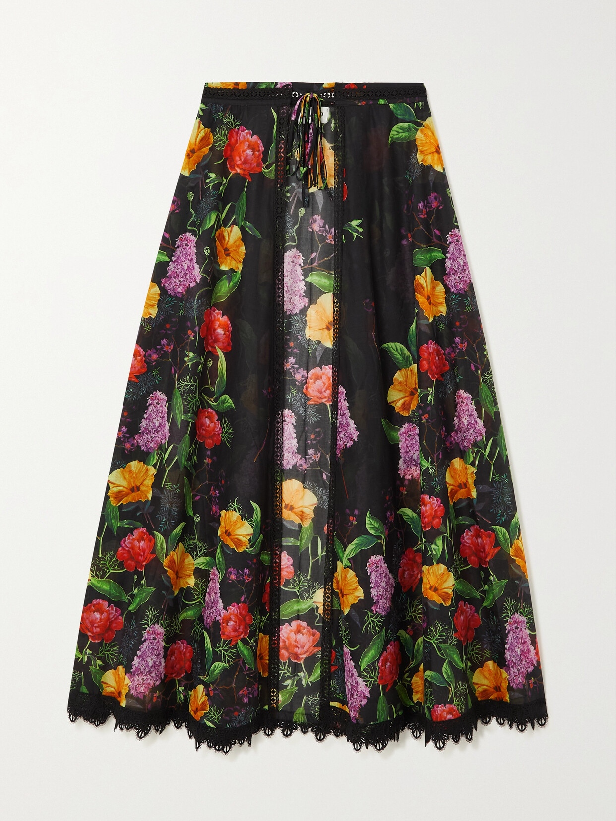 Charo Ruiz Shasa Guipure Lace-trimmed Floral-print Cotton-blend Voile Maxi Skirt - Black