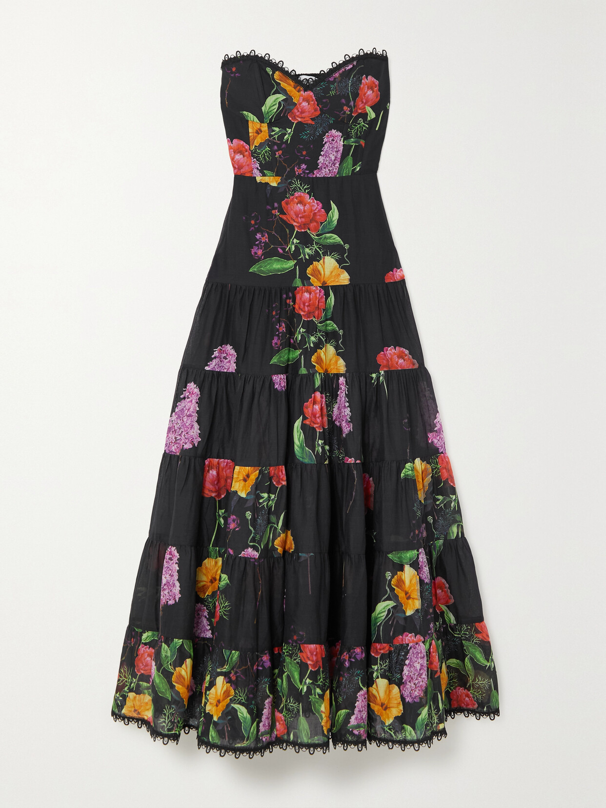 Charo Ruiz - Danny Strapless Tiered Floral-print Cotton-blend Voile Maxi Dress - Black