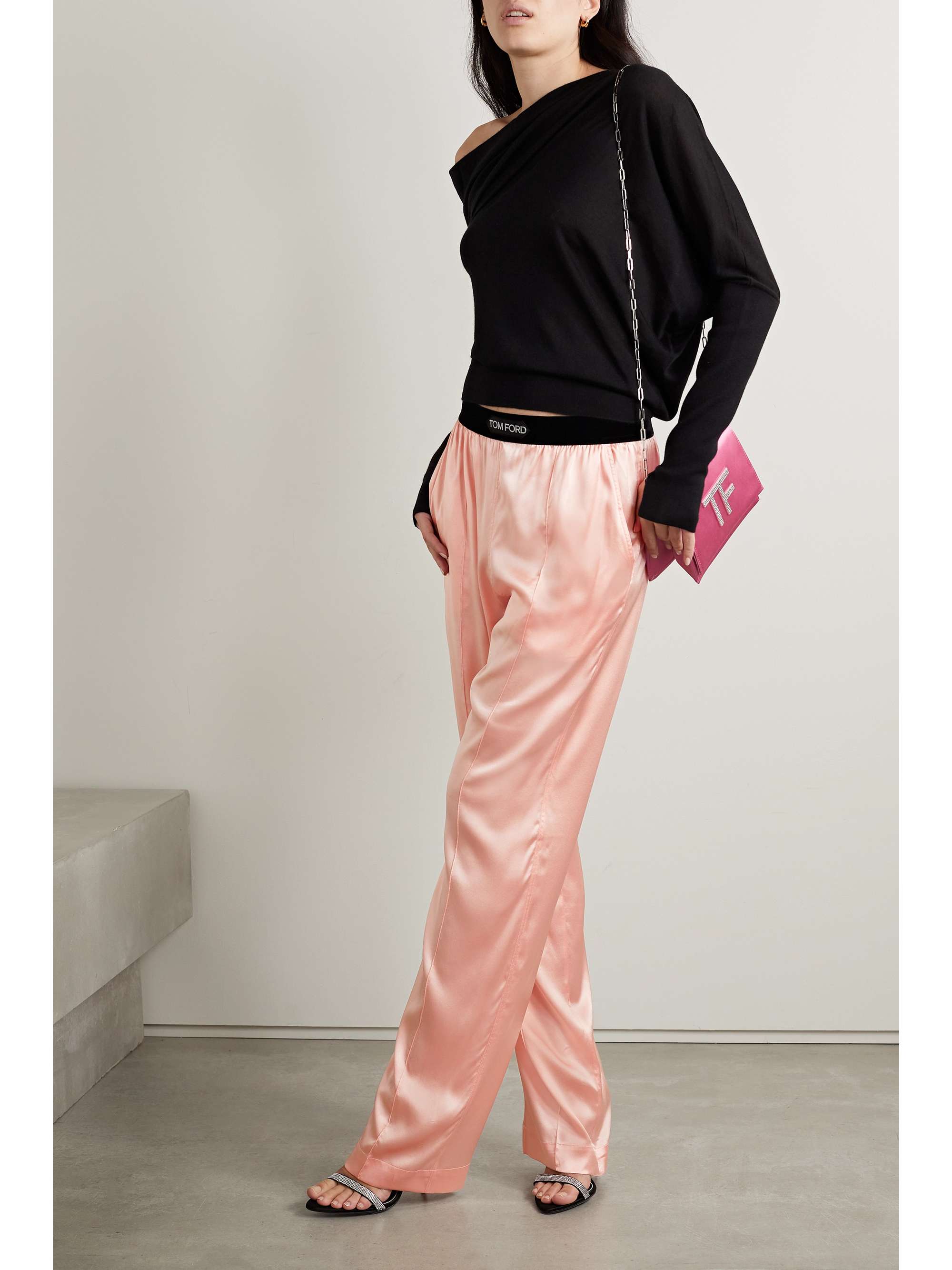 TOM FORD Velvet-trimmed stretch-silk satin pants