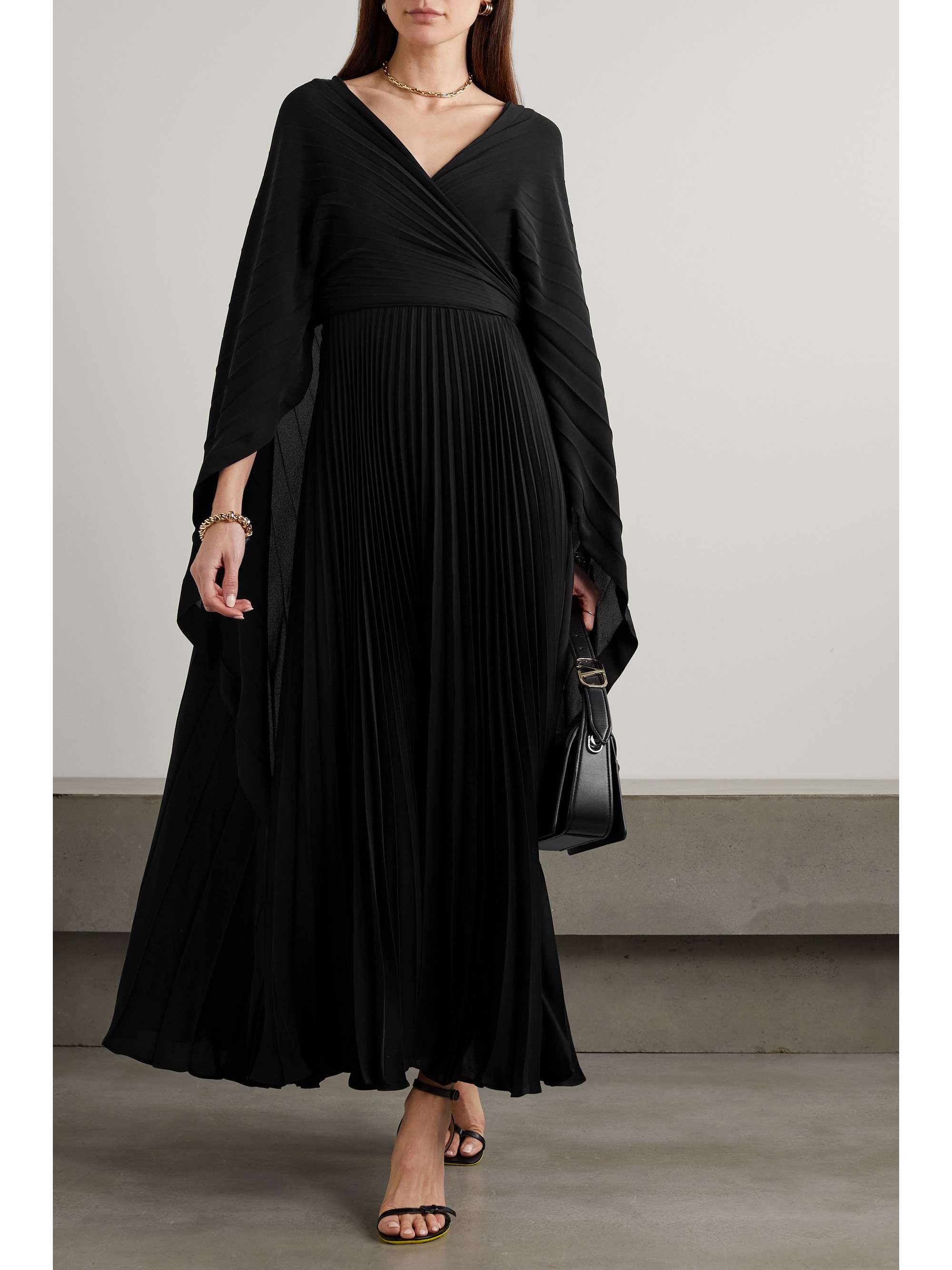 VALENTINO GARAVANI Cape-effect pleated silk maxi dress
