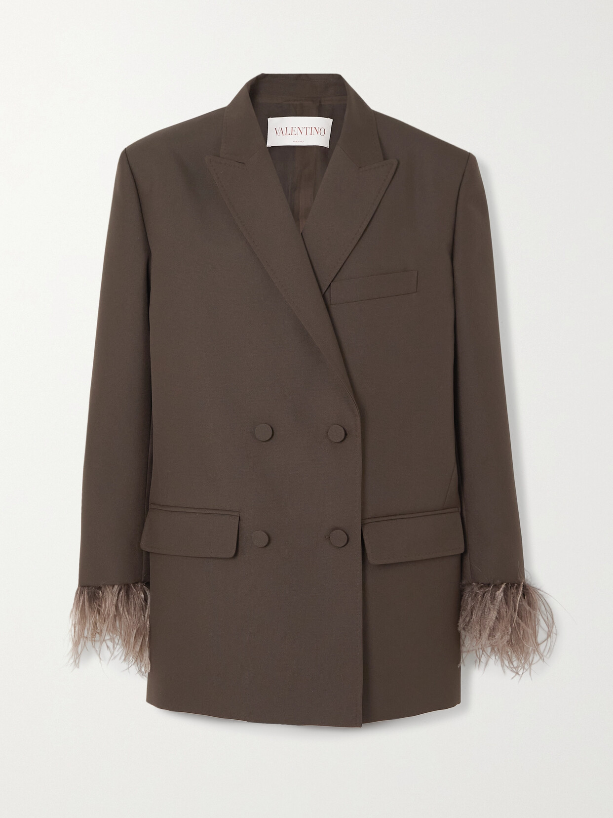 Valentino Oversized Double-breasted Feather-trimmed Woven Blazer In Brown