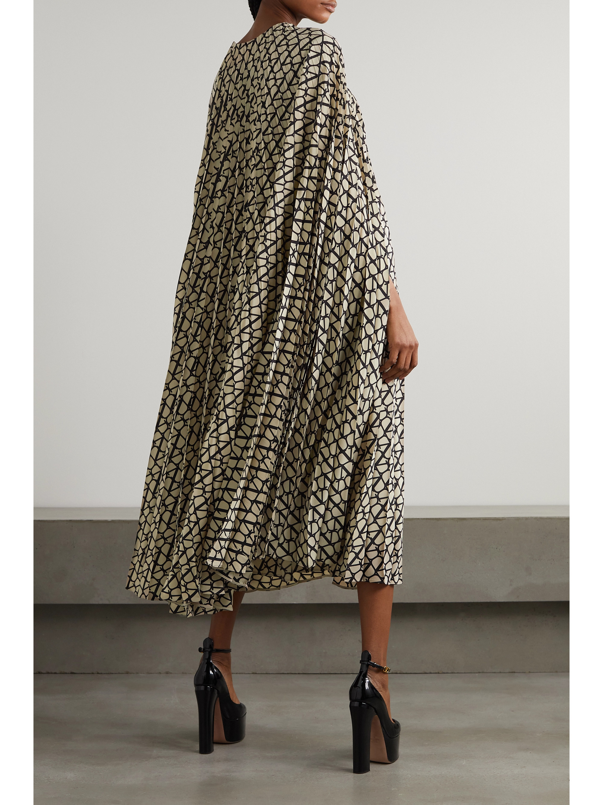 Valentino Garavani Cape-effect pleated printed silk crepe de chine midi dress