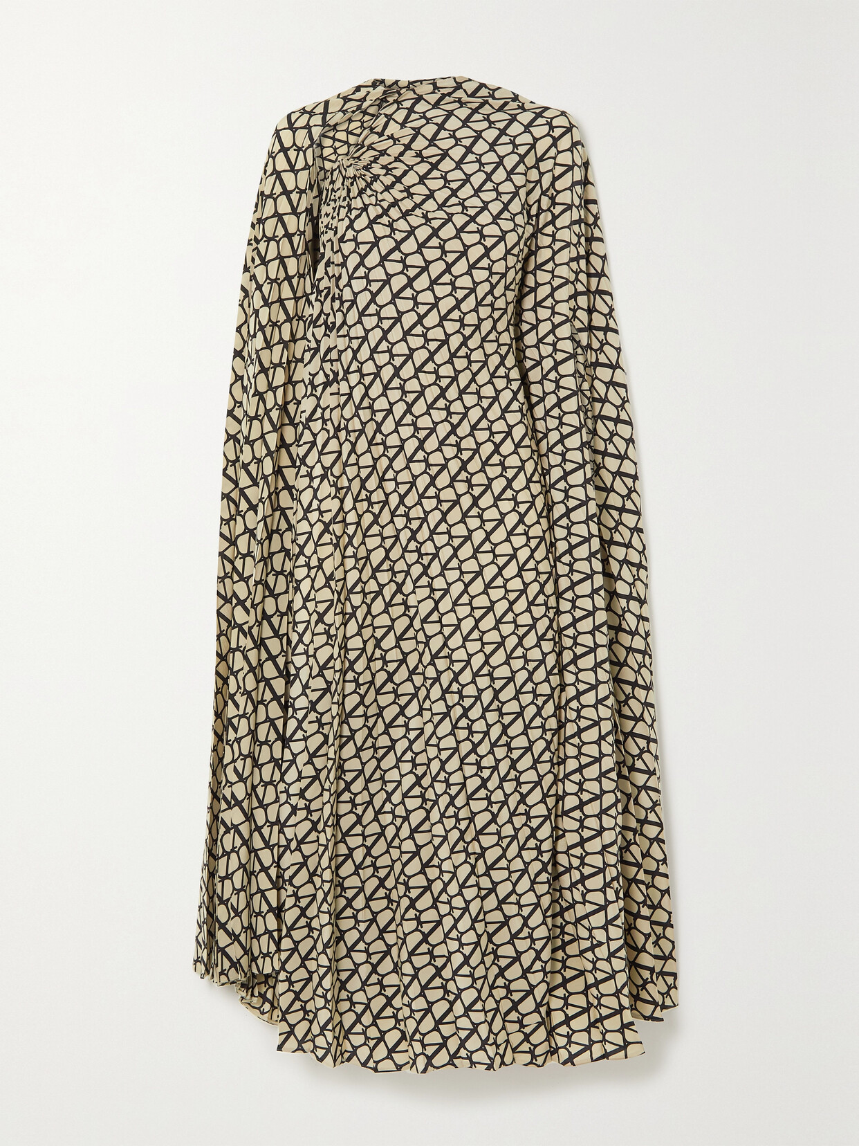 Valentino Cape-effect Pleated Printed Silk Crepe De Chine Midi Dress In Neutrals