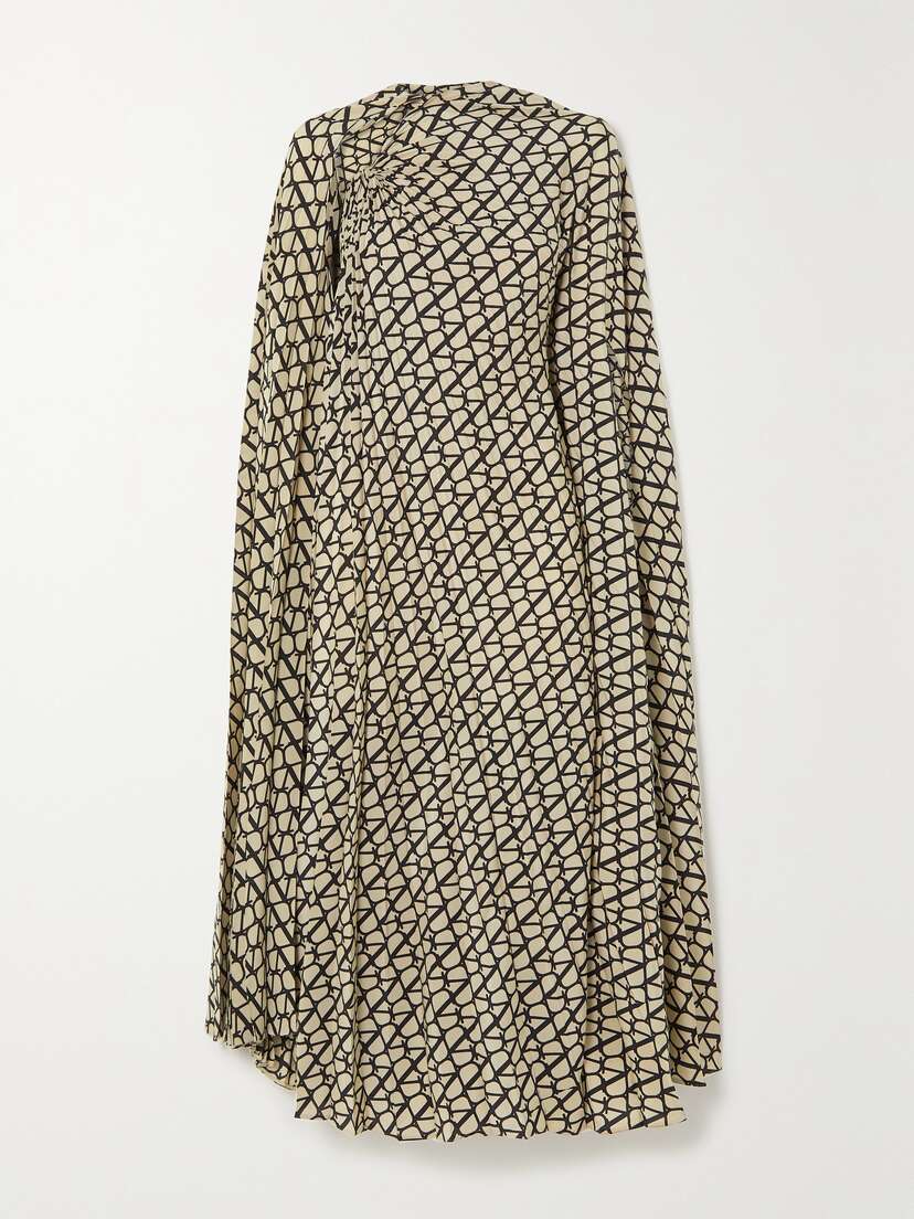 Valentino Garavani Cape-effect Pleated Printed Silk Crepe De Chine Midi Dress