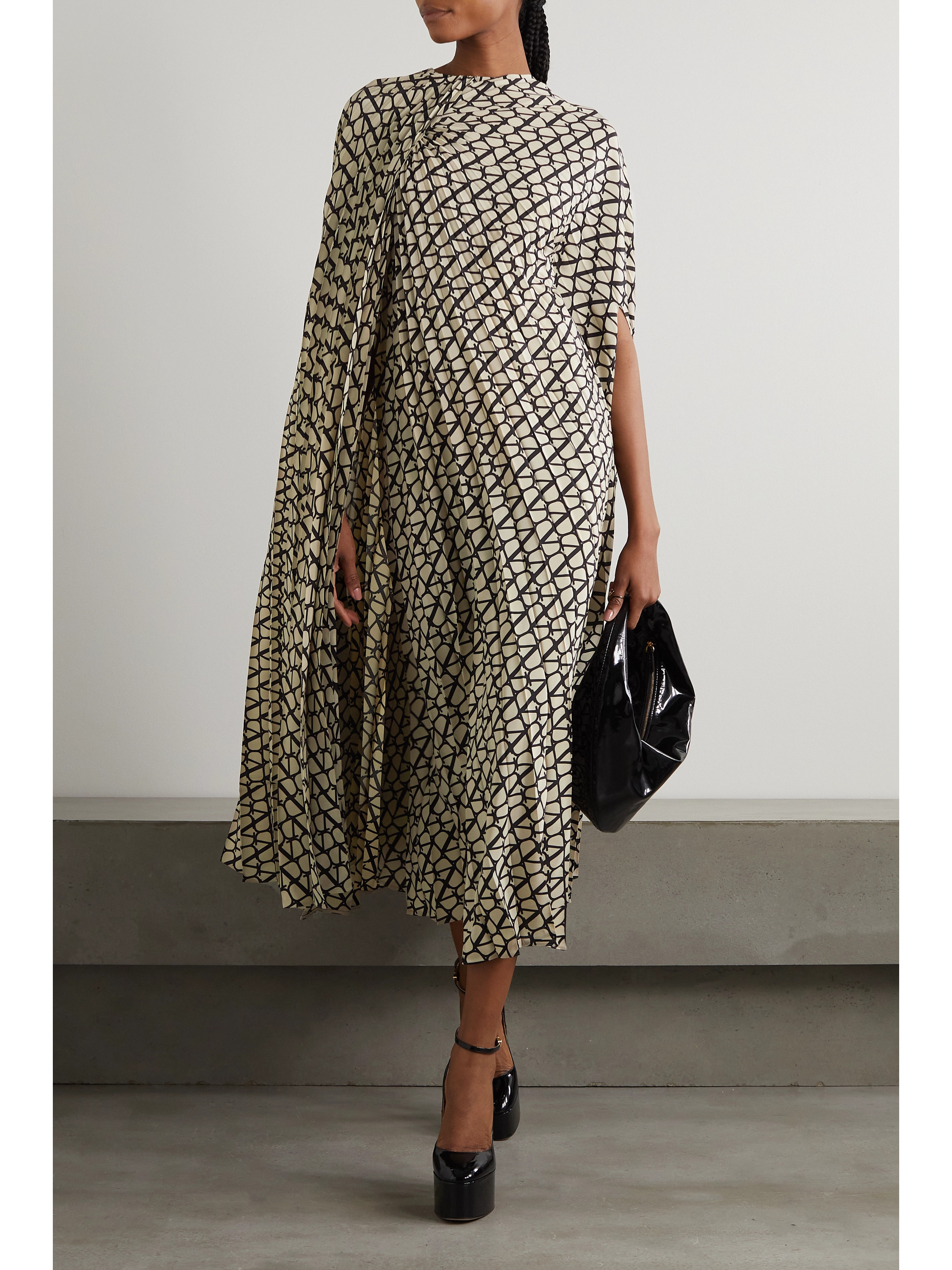 Valentino Garavani Cape-effect pleated printed silk crepe de chine midi dress