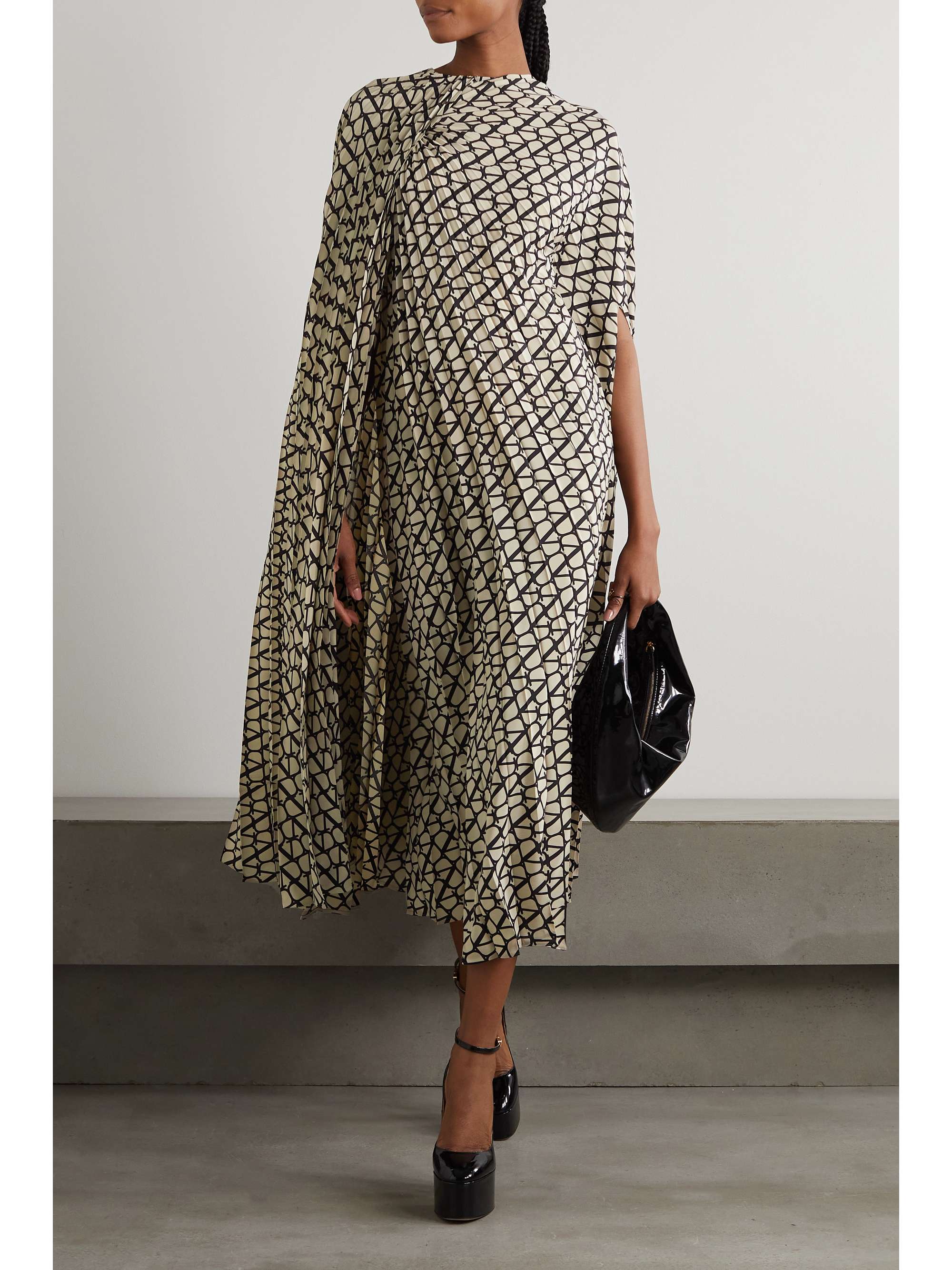 VALENTINO GARAVANI Cape-effect pleated printed silk crepe de chine midi ...