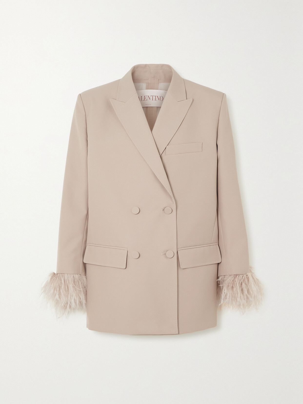 Shop Valentino Oversized Double-breasted Feather-trimmed Woven Blazer In Neutrals