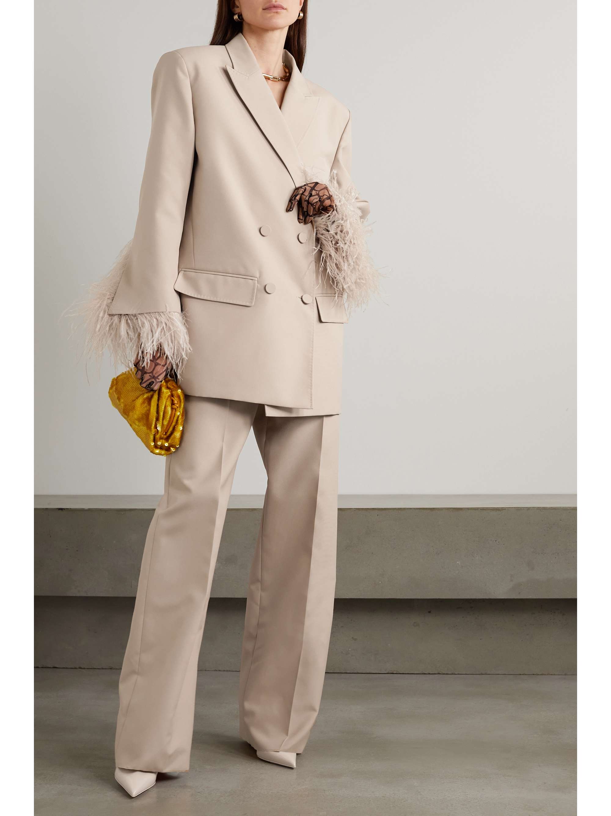 VALENTINO GARAVANI Oversized double-breasted feather-trimmed woven blazer
