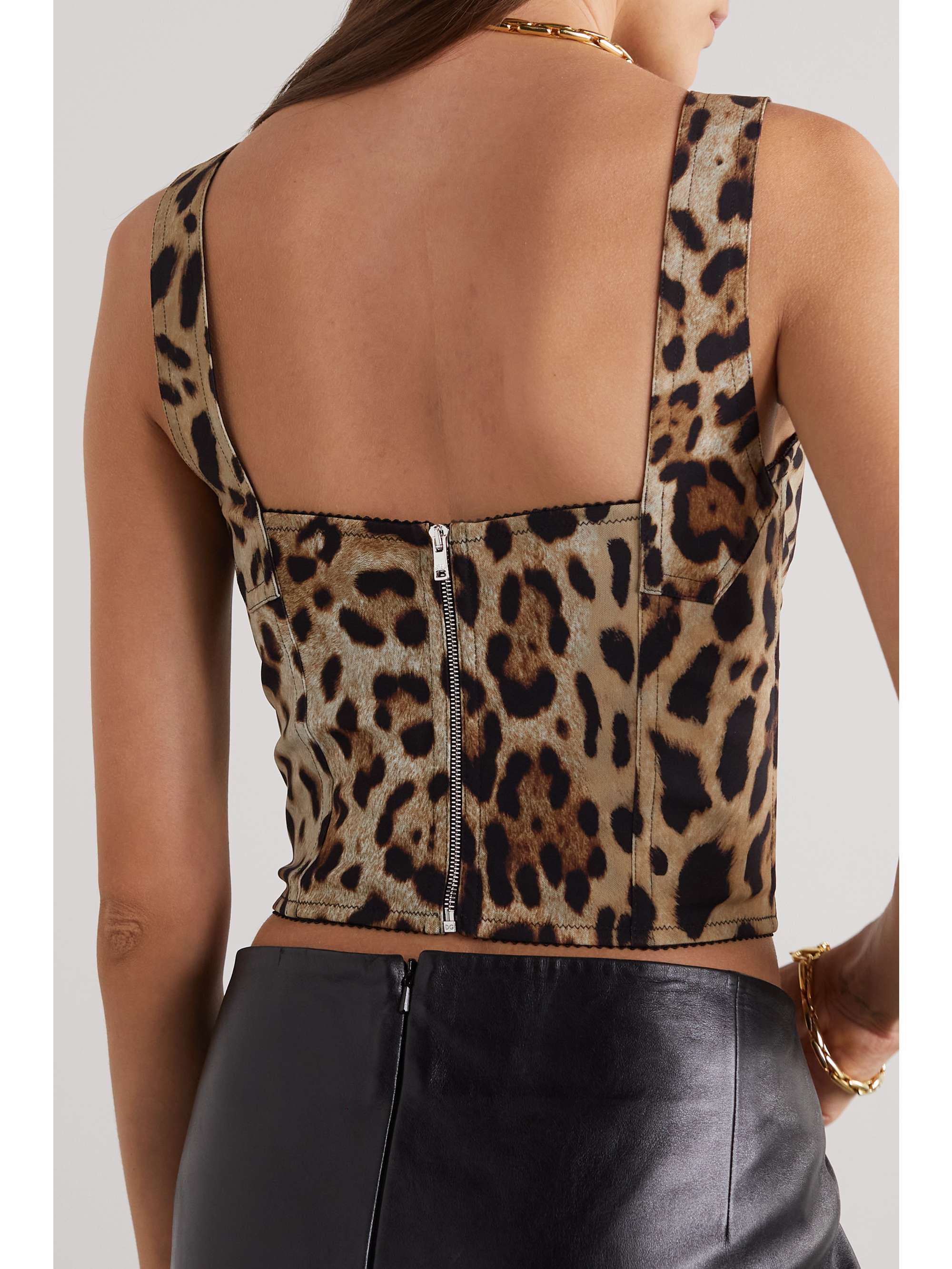 DOLCE&GABBANA Cropped leopard-print stretch-canvas bustier top