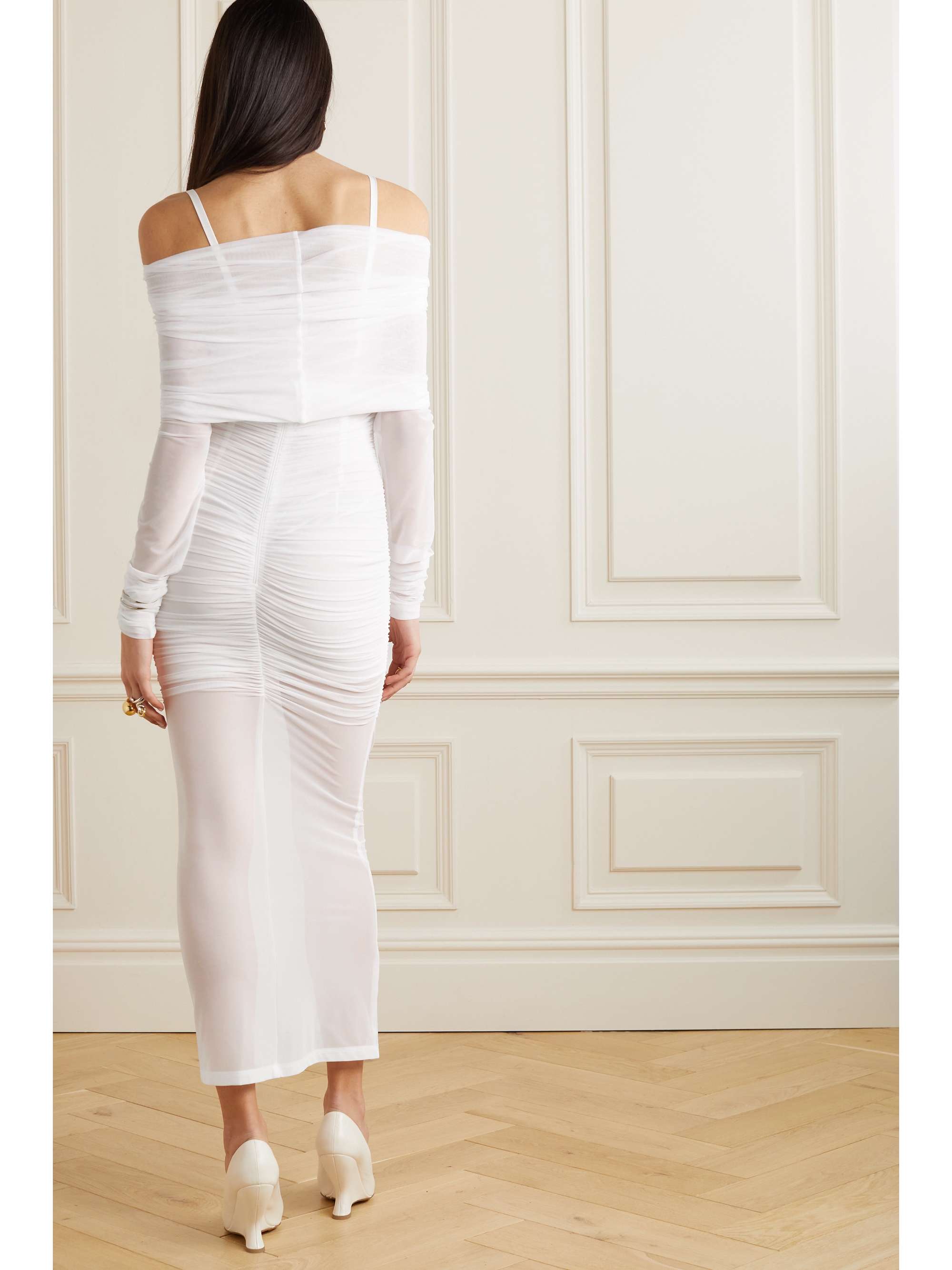 DOLCE&GABBANA Cold-shoulder ruched stretch-tulle maxi dress