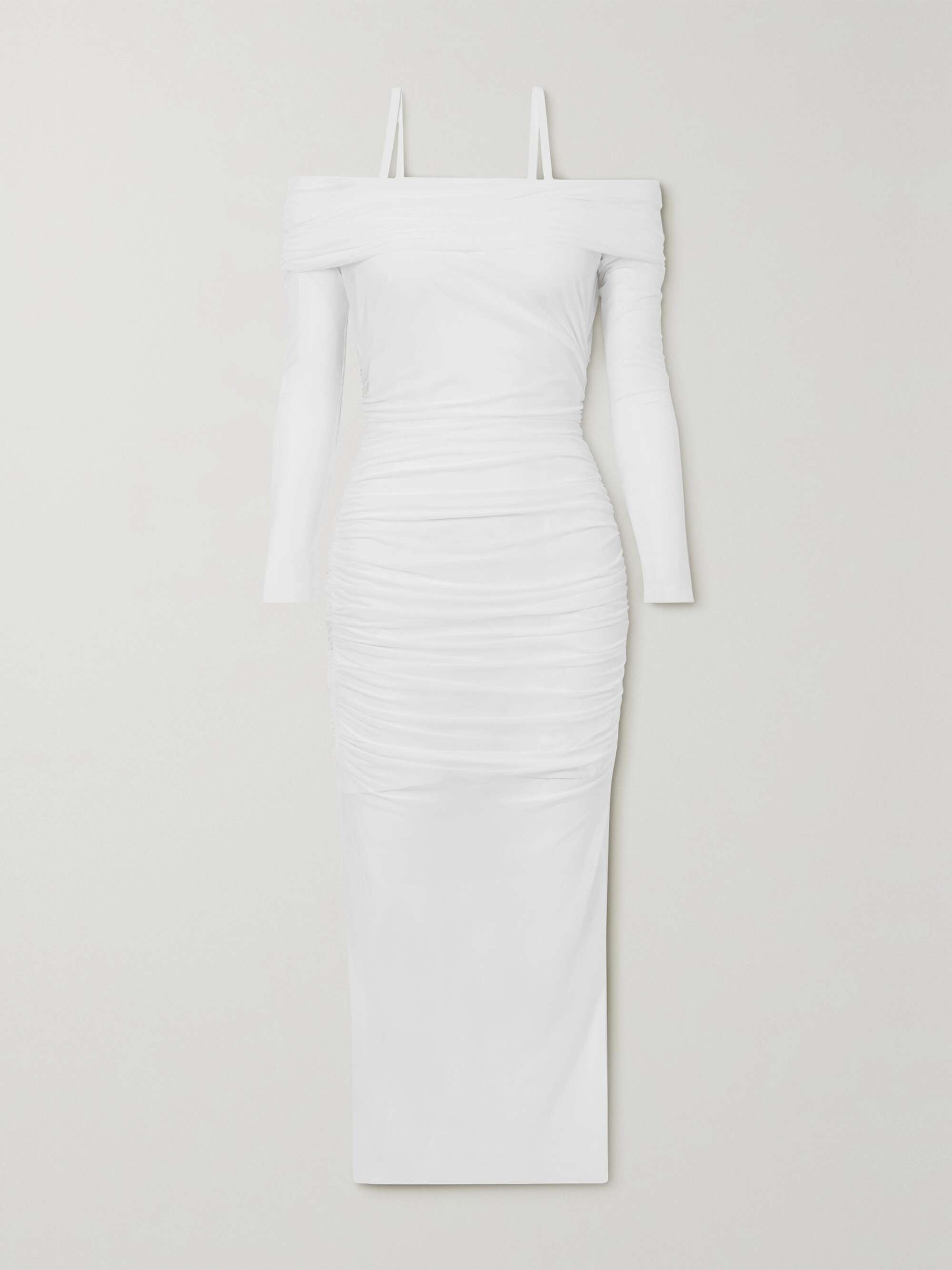 Ruched cold shoulder dress hotsell