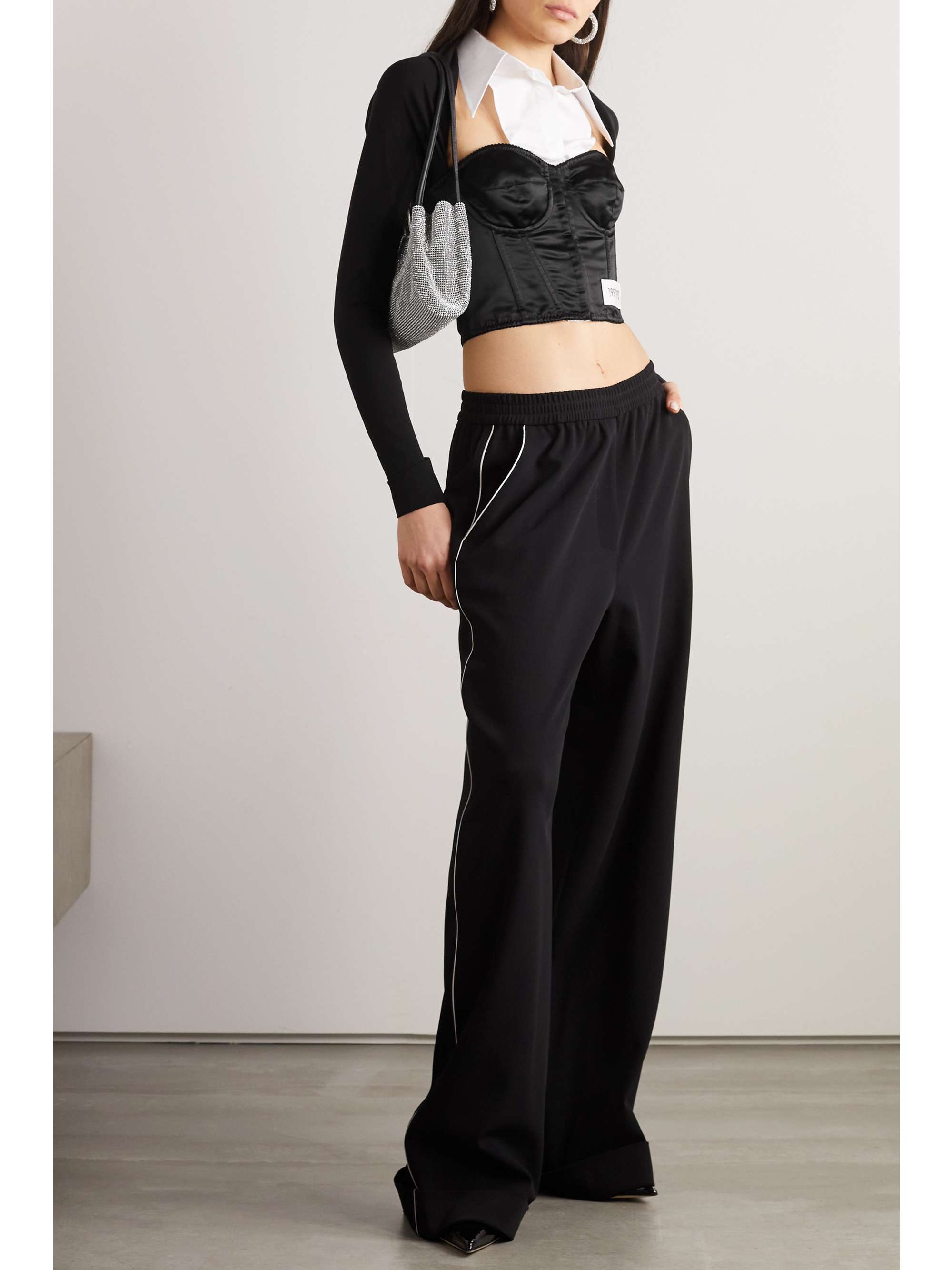 DOLCE&GABBANA Cropped satin, stretch-jersey and cotton-blend poplin top