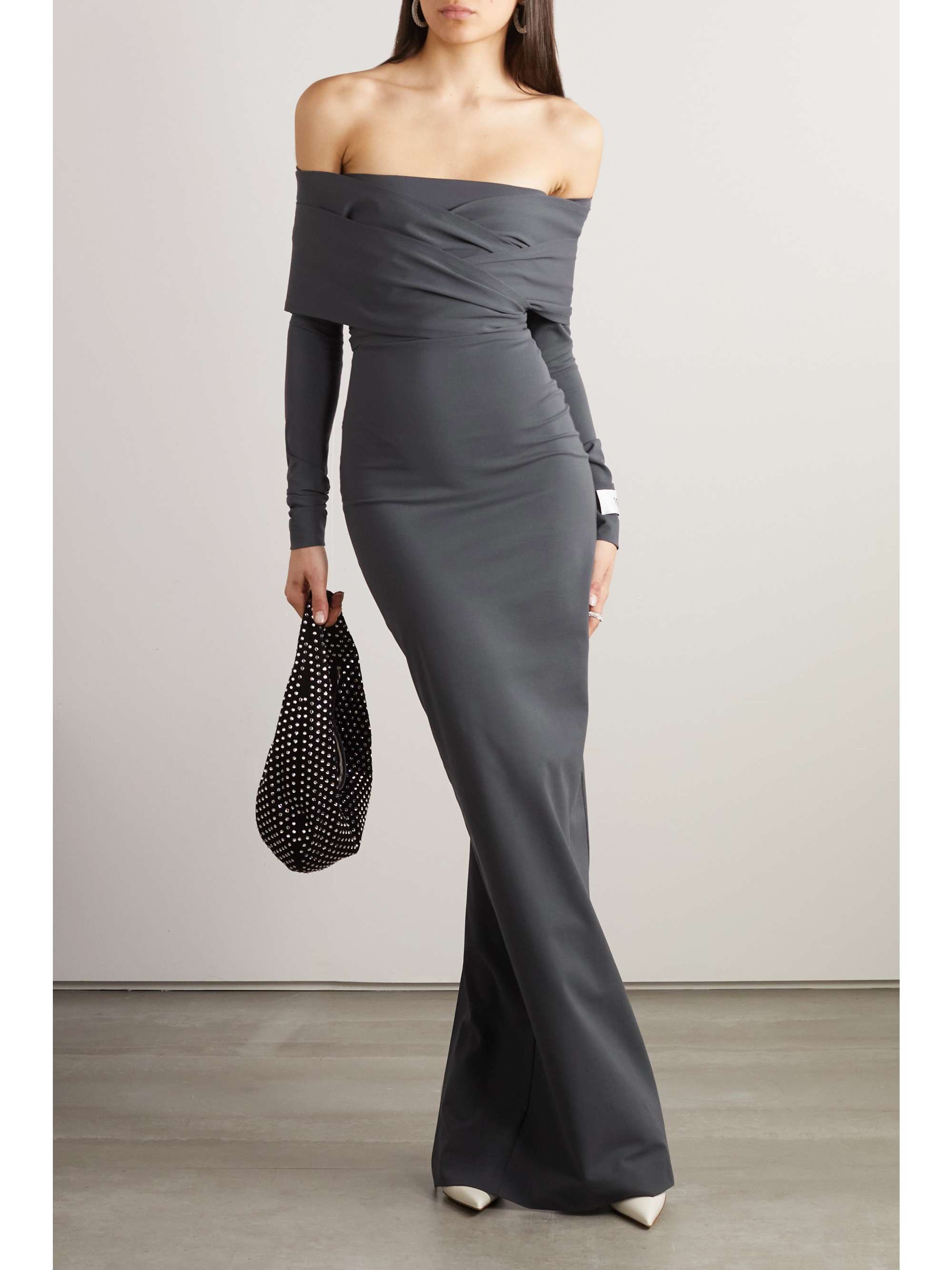 Strapless appliquéd draped stretch-jersey maxi dress