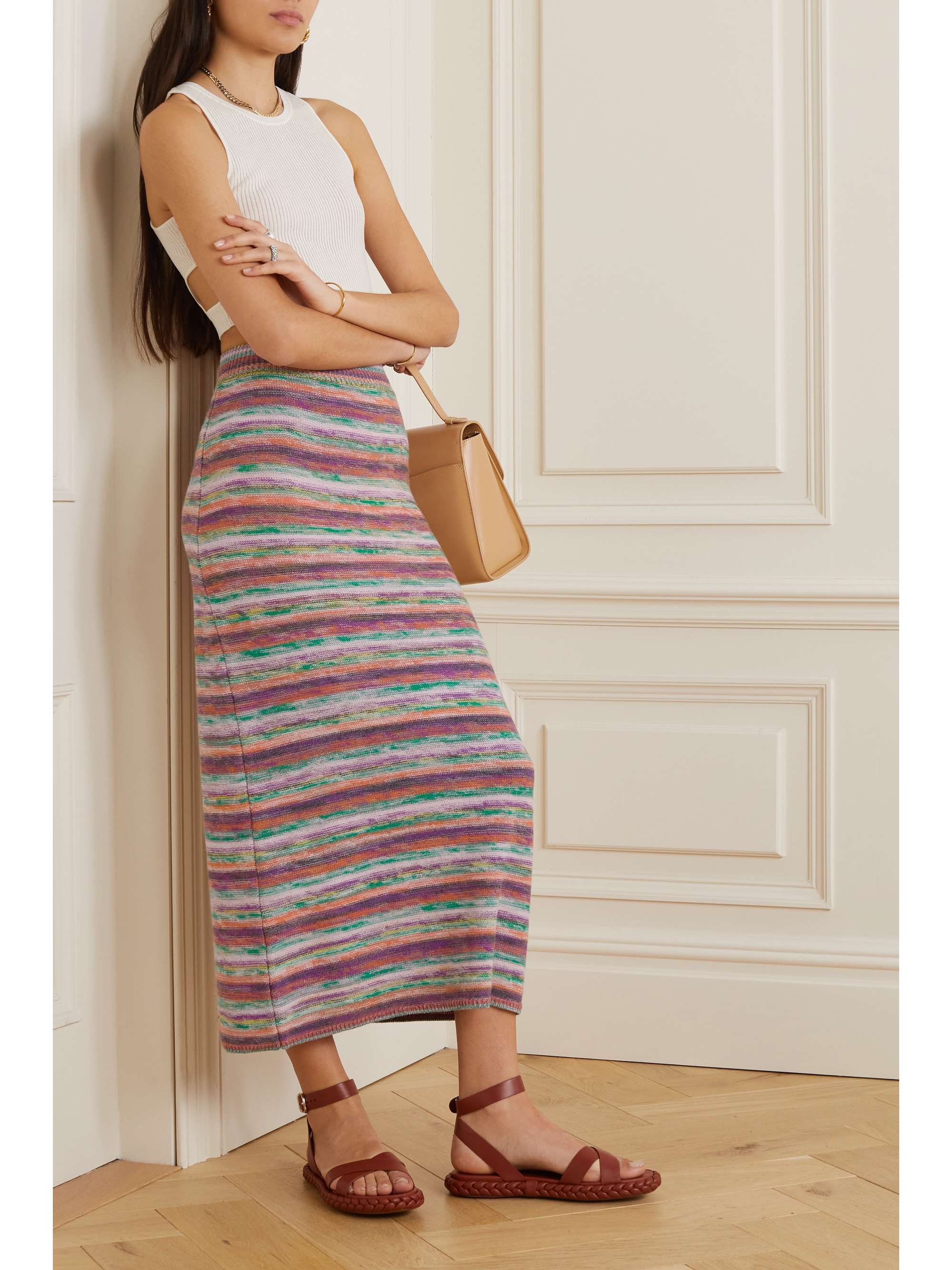 CHLOÉ Striped wool and cashmere-blend midi skirt