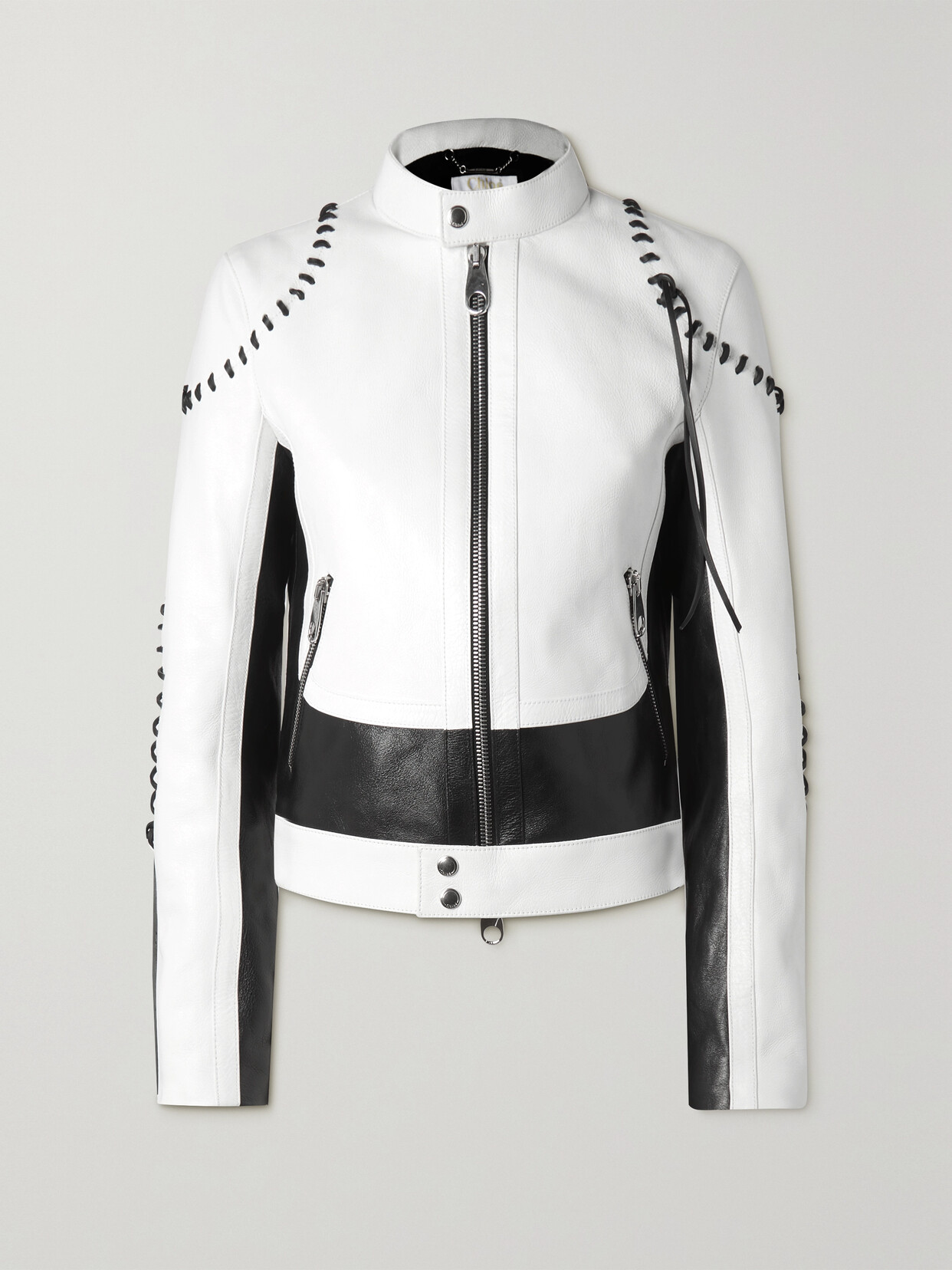 CHLOÉ WHIPSTITCHED TWO-TONE LEATHER BIKER JACKET