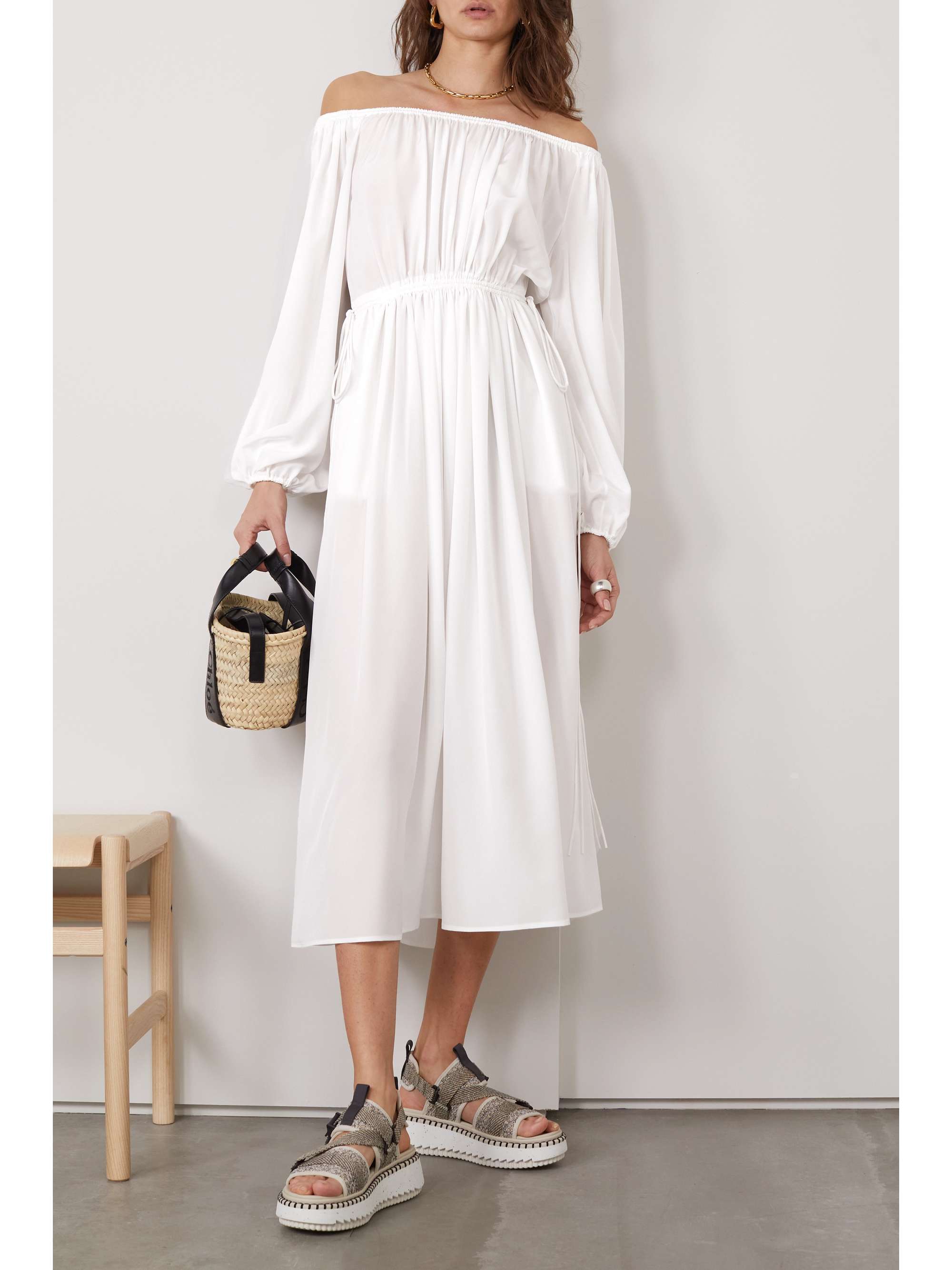 CHLOÉ + NET SUSTAIN off-the-shoulder organic silk crepe de chine midi dress