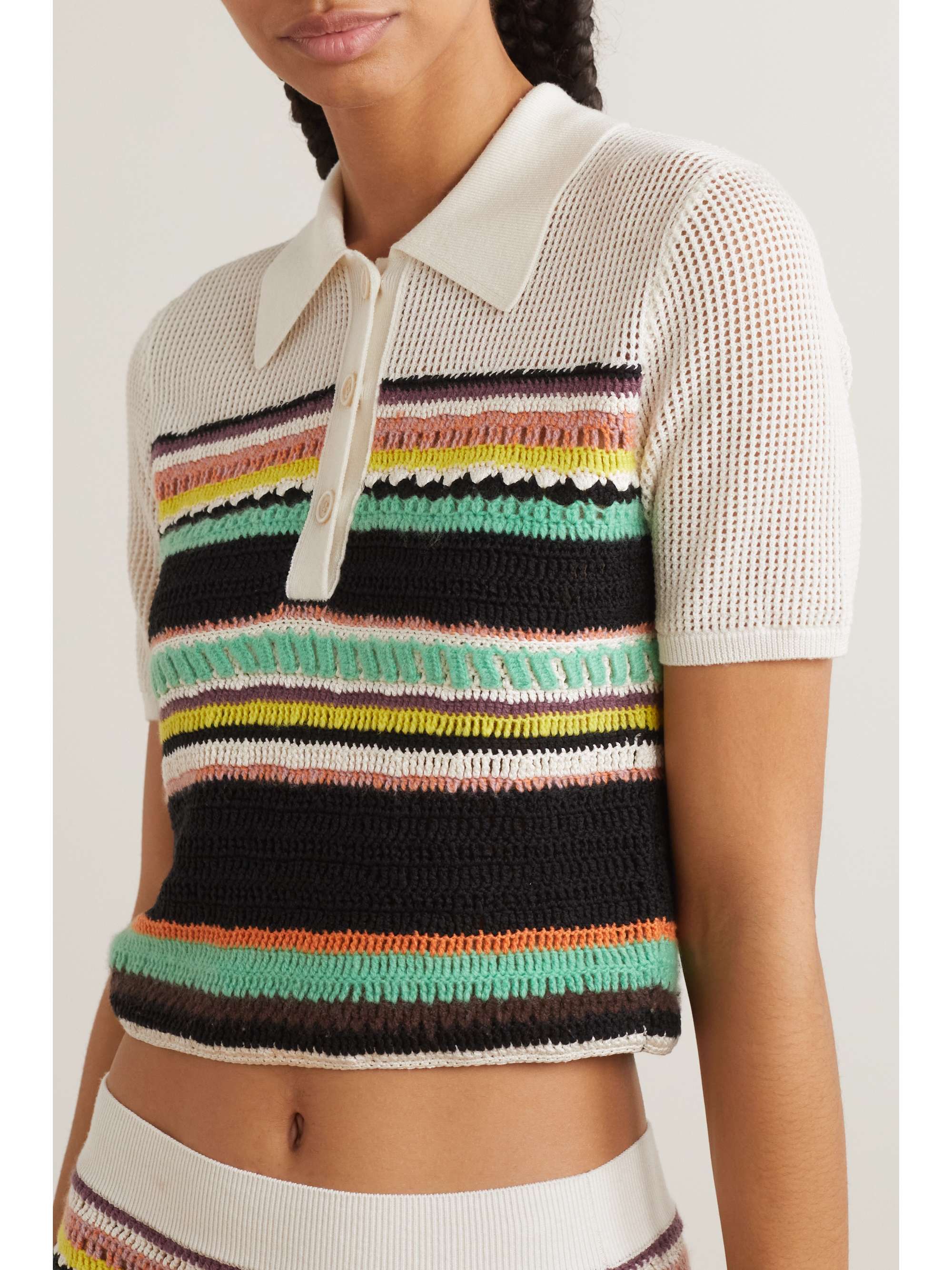 CHLOÉ Striped crochet-paneled wool polo shirt