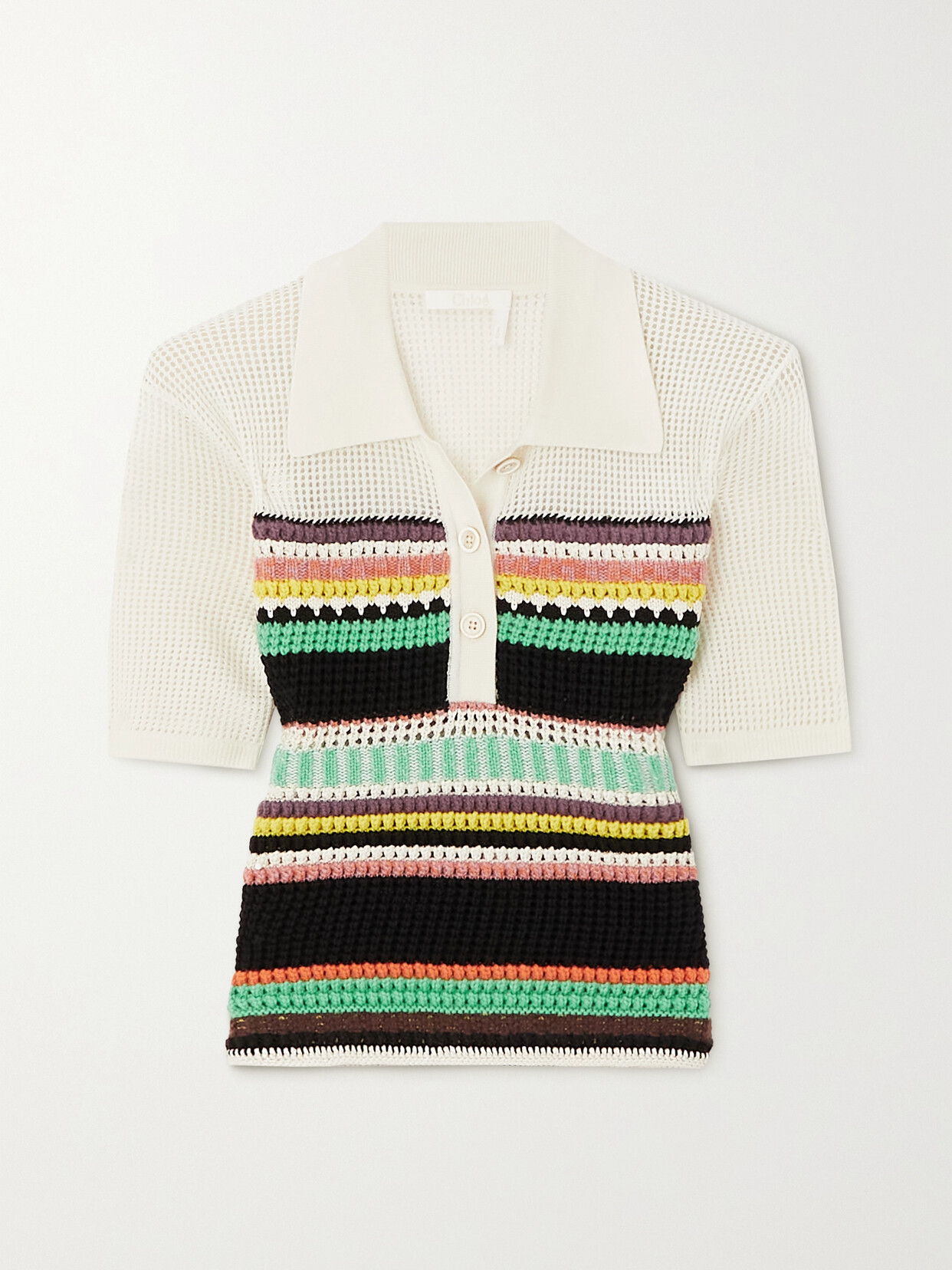 CHLOÉ STRIPED CROCHET-PANELED WOOL POLO SHIRT