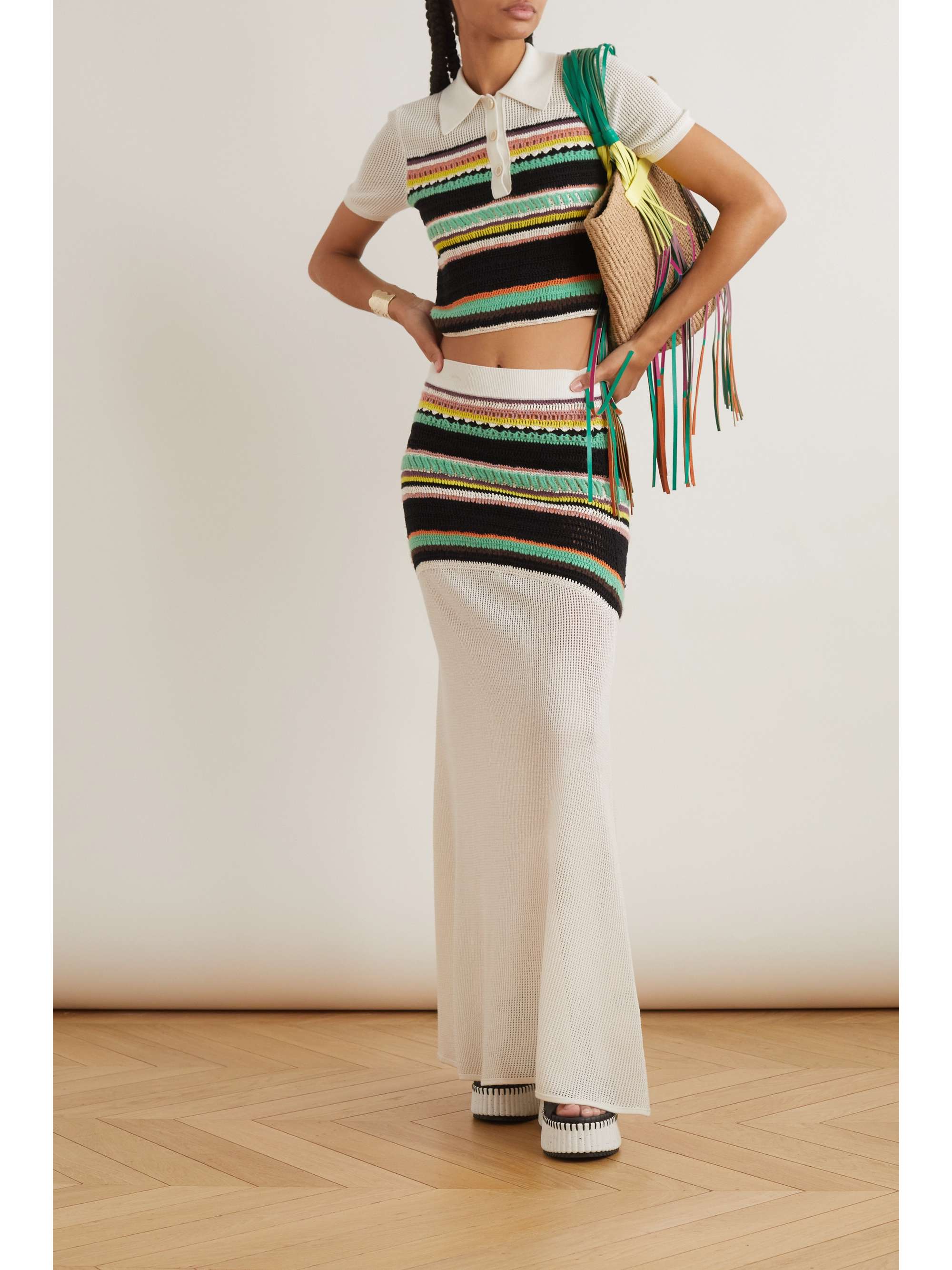CHLOÉ Striped crochet-paneled wool polo shirt