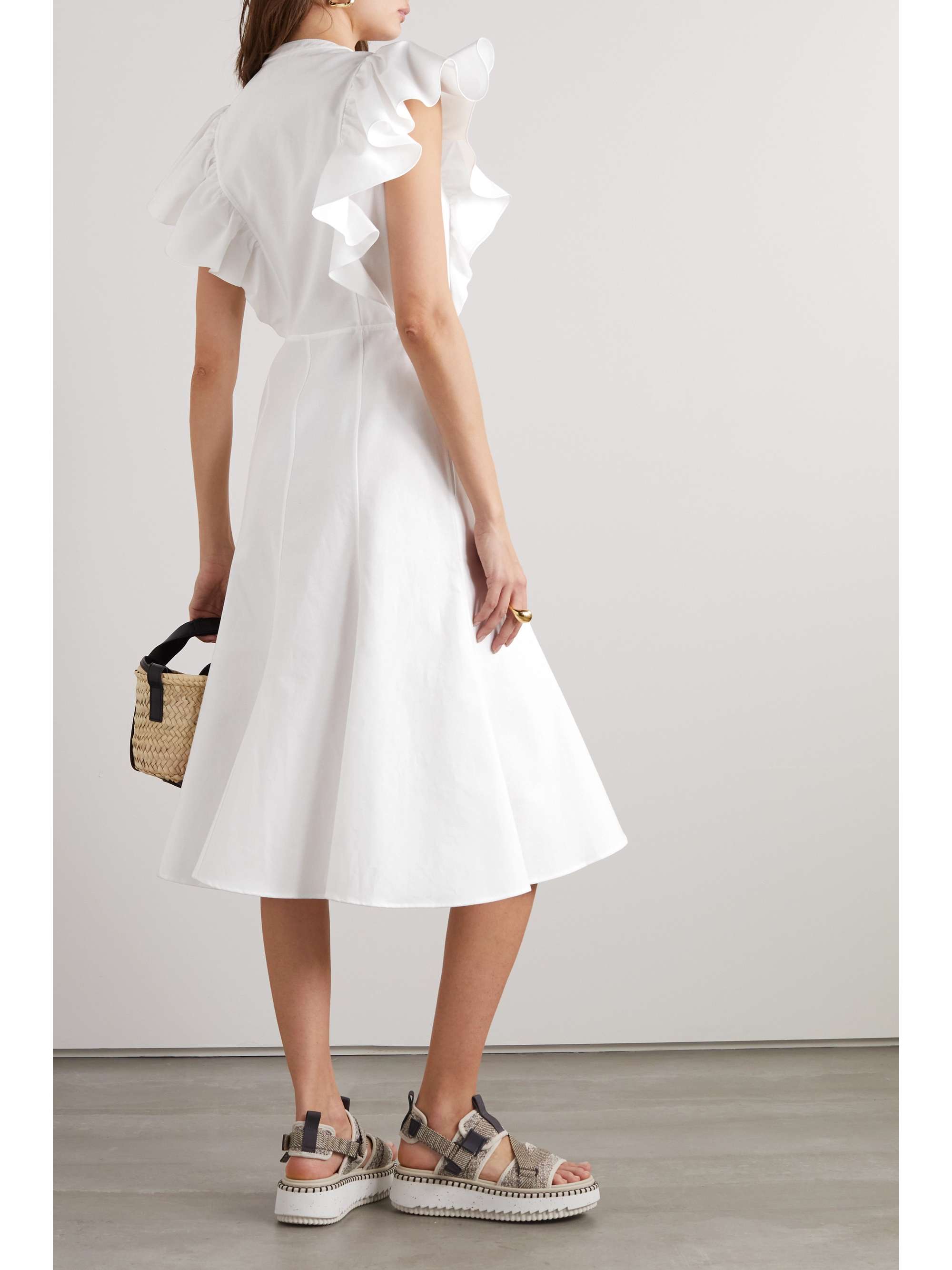 CHLOÉ + NET SUSTAIN ruffled pleated recycled cotton-poplin midi dress