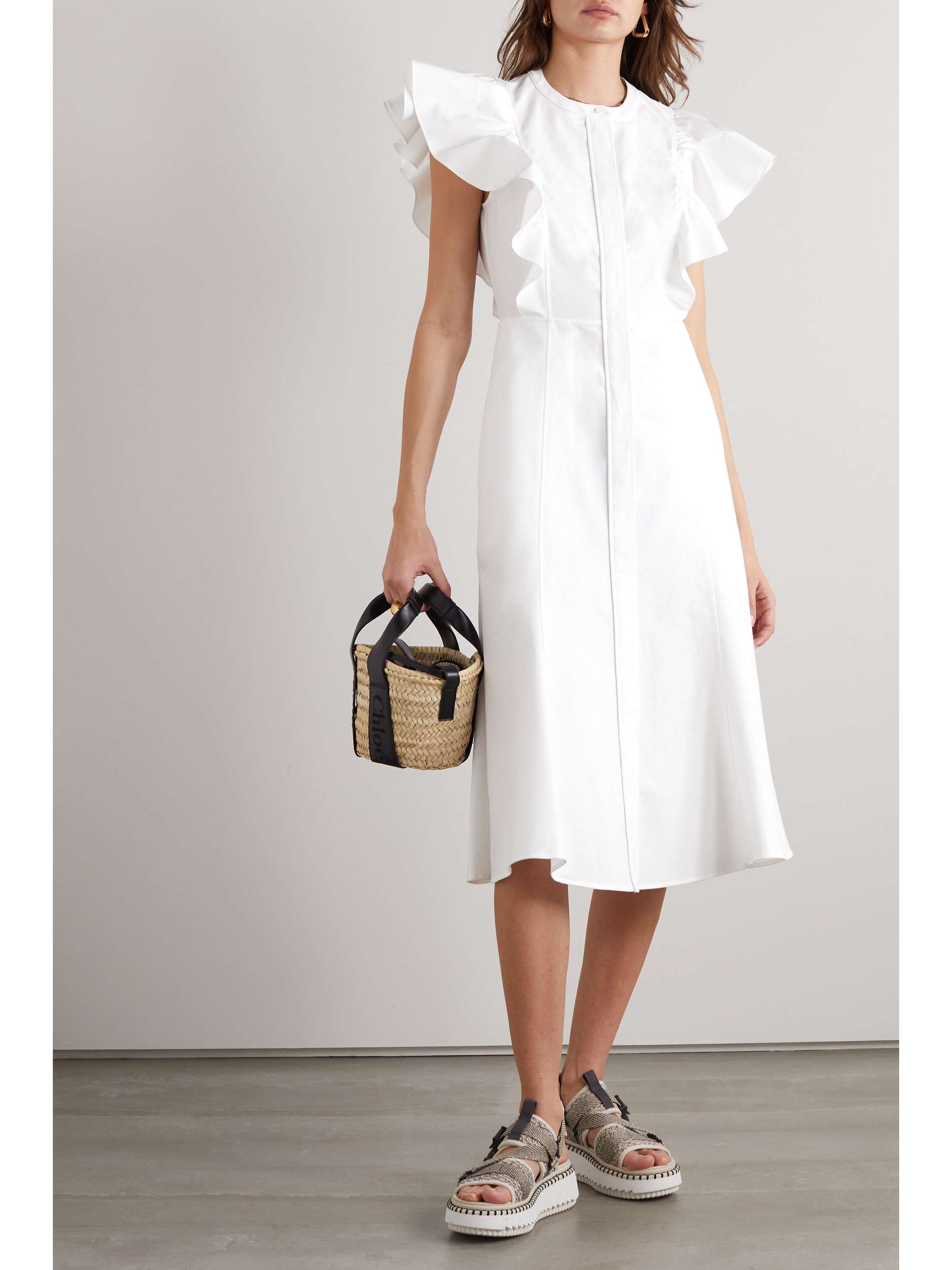 CHLOÉ + NET SUSTAIN ruffled pleated recycled cotton-poplin midi dress