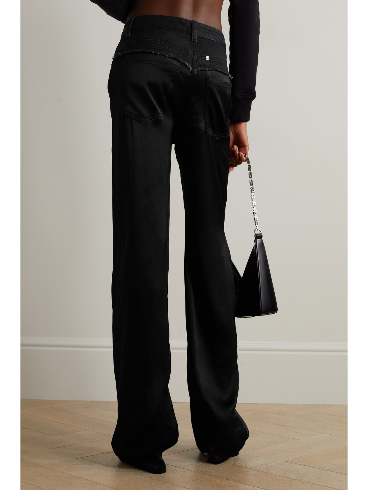 Shop Givenchy Distressed Denim And Satin Straight-leg Pants In Black