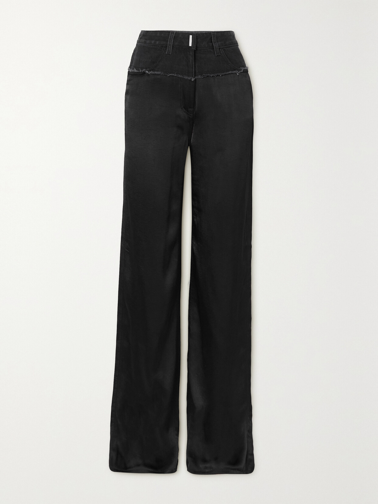 Shop Givenchy Distressed Denim And Satin Straight-leg Pants In Black