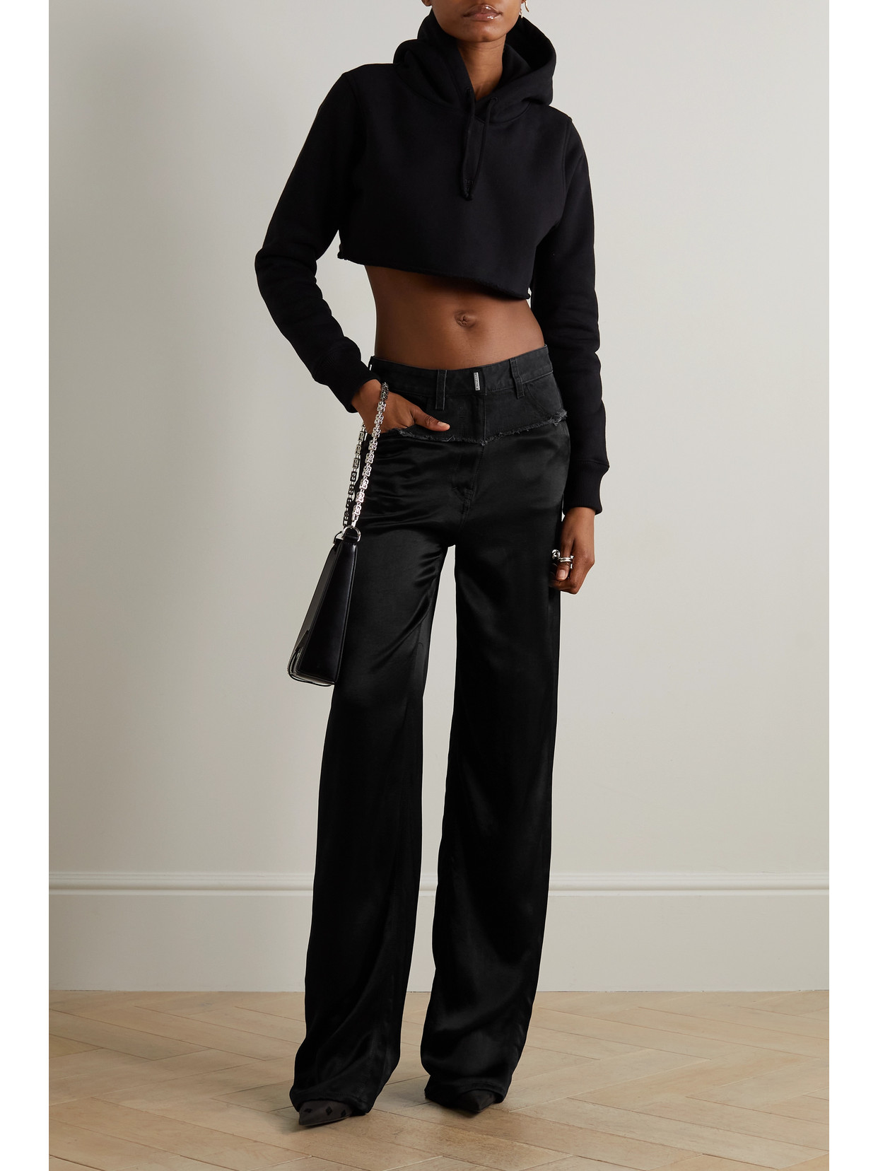 Shop Givenchy Distressed Denim And Satin Straight-leg Pants In Black